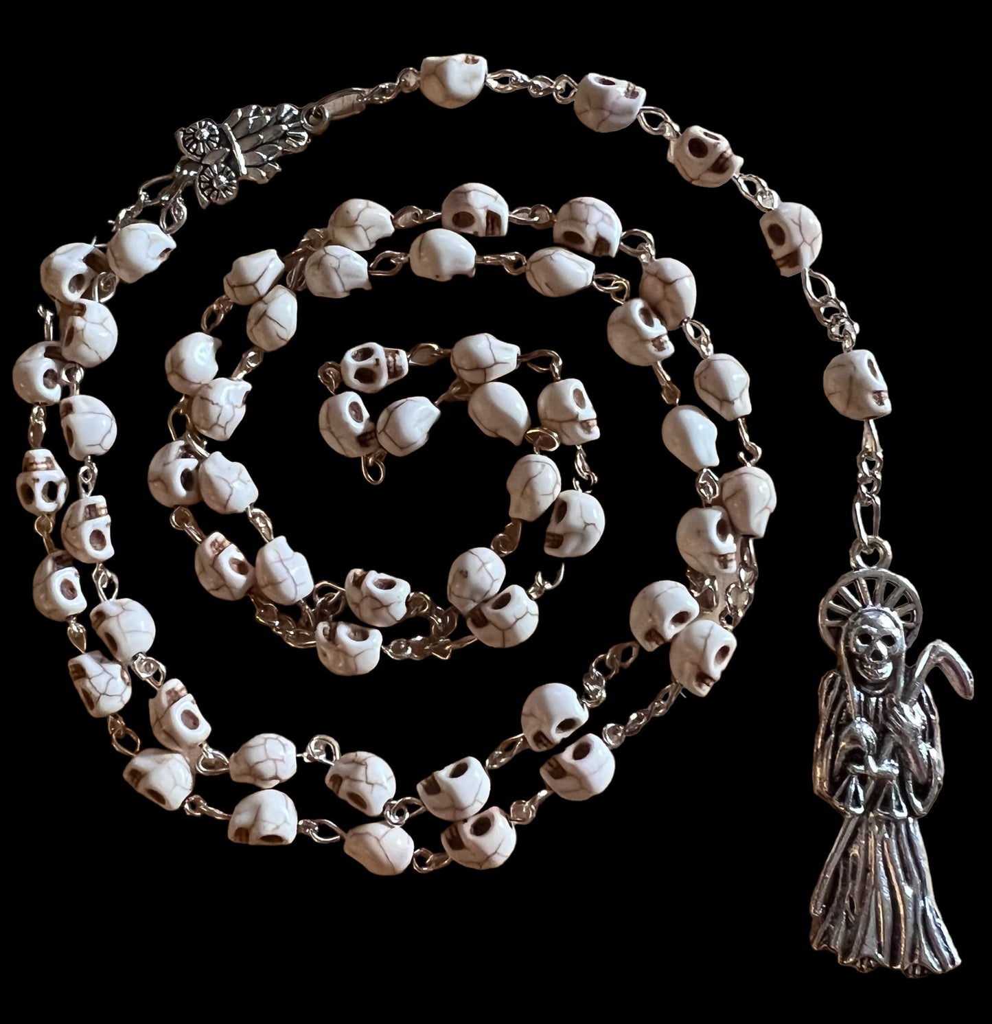 Santa Muerte Blanca Rosary + Blessed + Sterling Silver Plated Chain + Handcrafted + Rosario