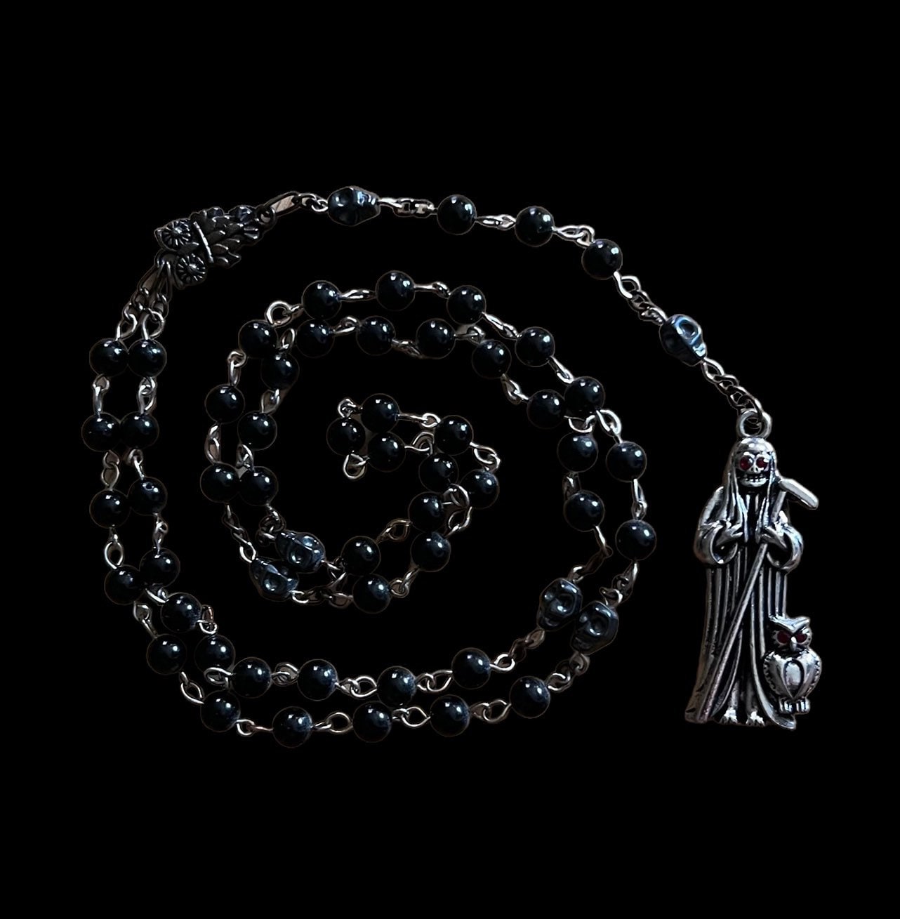 Santa Muerte Negra Rosary + Obsidian + Sterling Silver Plated Chain + Gemstone + Rosario