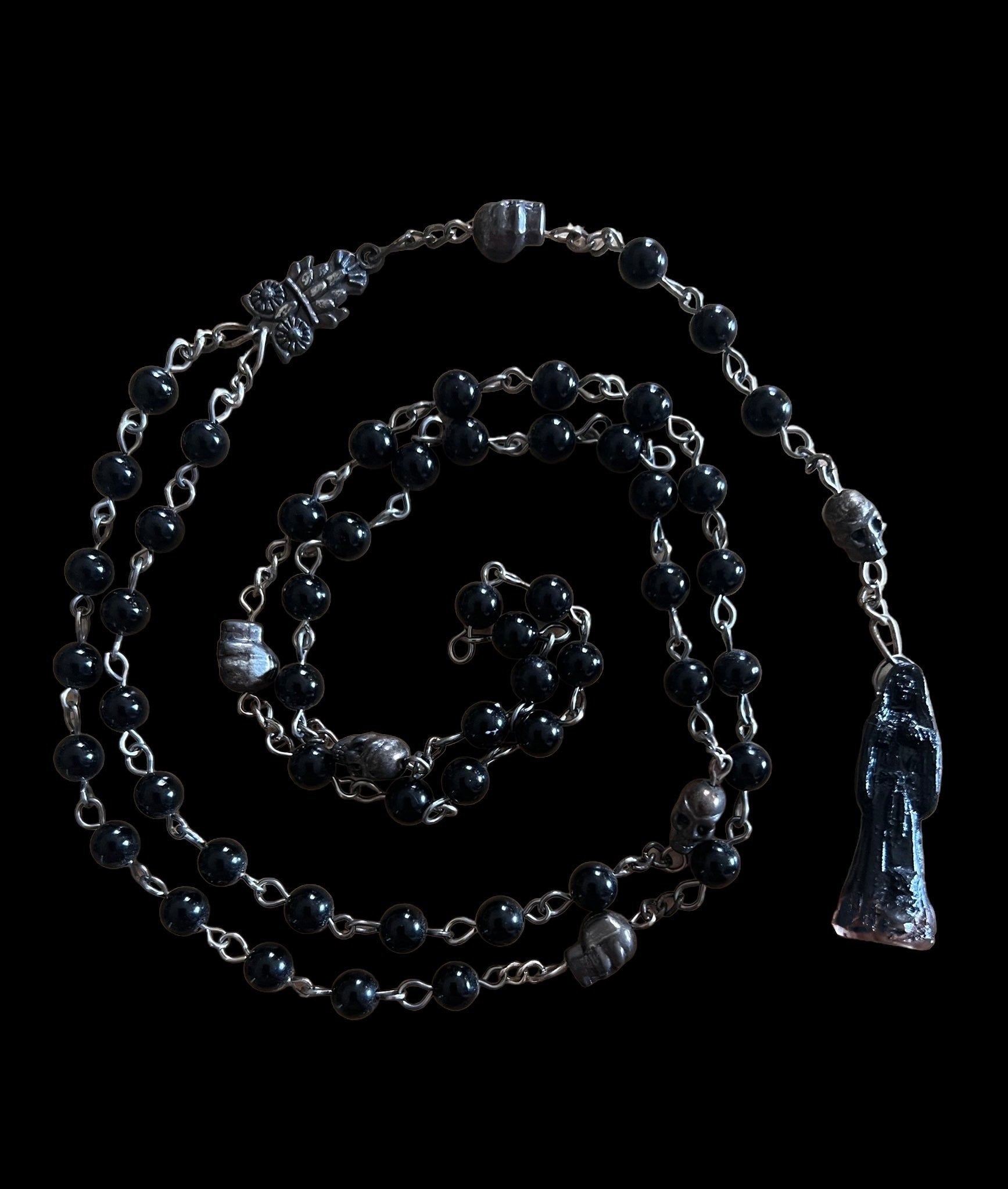 Santa Muerte Negra Rosary + Obsidian + Sterling Silver Plated Chain + Gemstone + Rosario