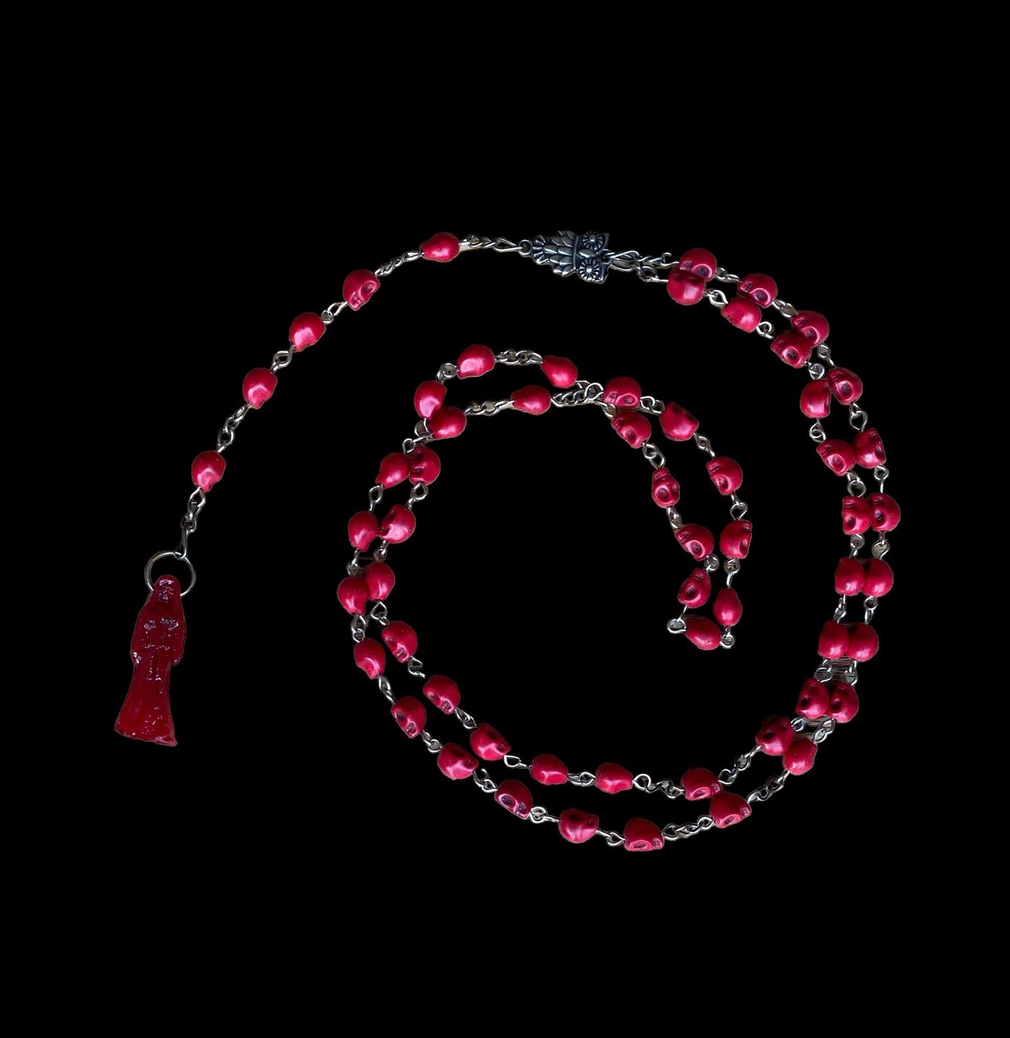 Santa Muerte Roja Rosary + Blessed + Handcrafted + Sterling Silver Plated Chain + Rosario