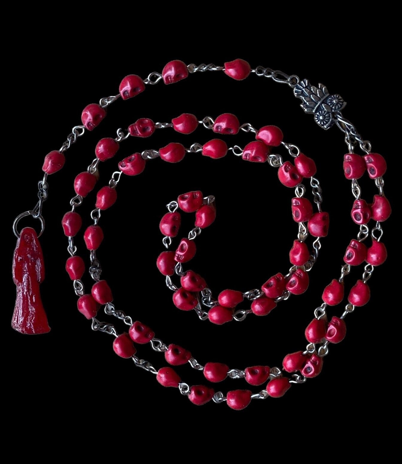 Santa Muerte Roja Rosary + Blessed + Handcrafted + Sterling Silver Plated Chain + Rosario