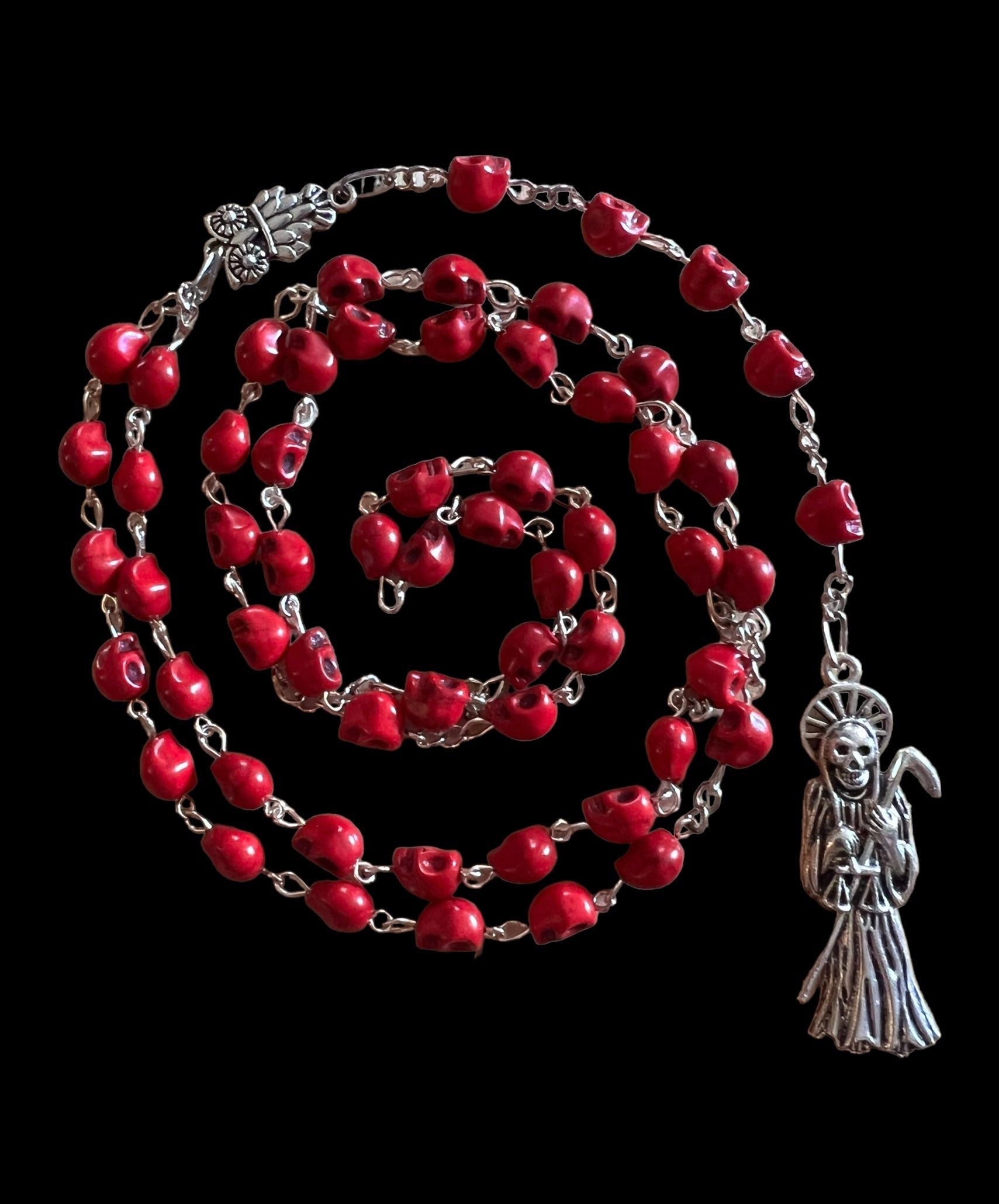 Santa Muerte Roja Rosary + Love + Passion + Domination + Money + Blessed + Sterling Silver Plated Chain + Handcrafted + Rosario