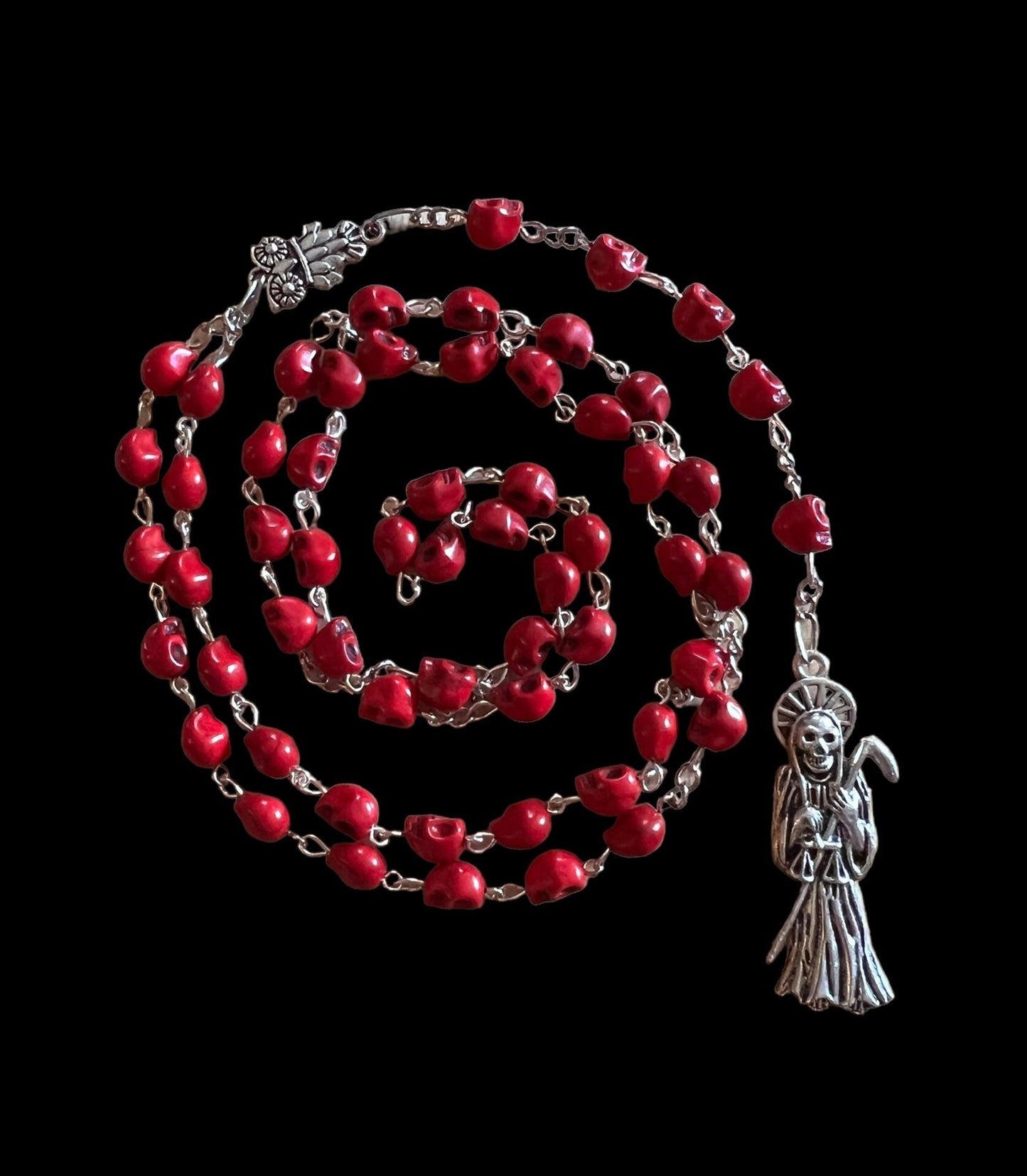 Santa Muerte Roja Rosary + Love + Passion + Domination + Money + Blessed + Sterling Silver Plated Chain + Handcrafted + Rosario