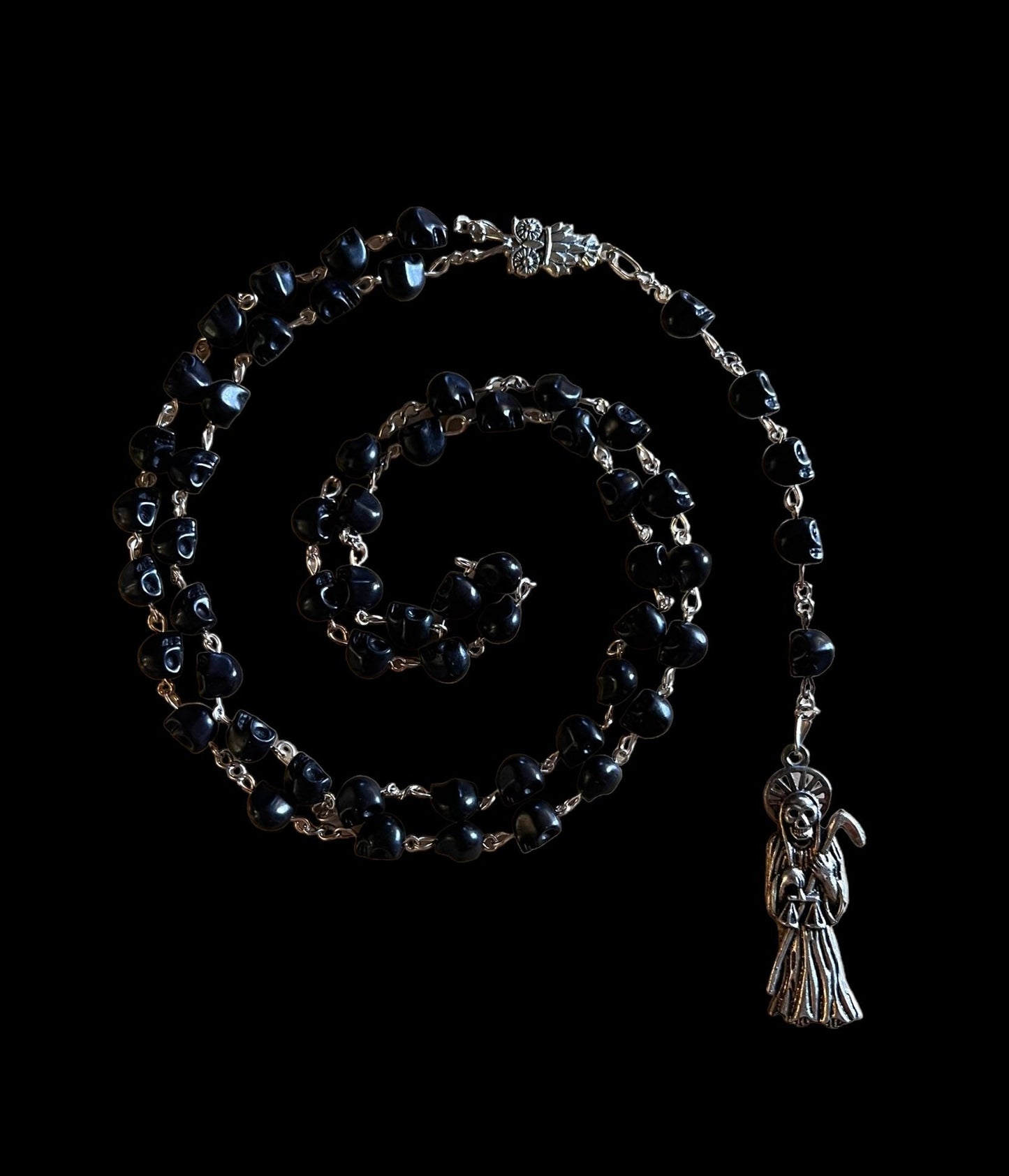 Santa Muerte Negra Rosary + Protection + Reversing + Witchcraft + Blessed + Sterling Silver Plated Chain + Handcrafted + Rosario