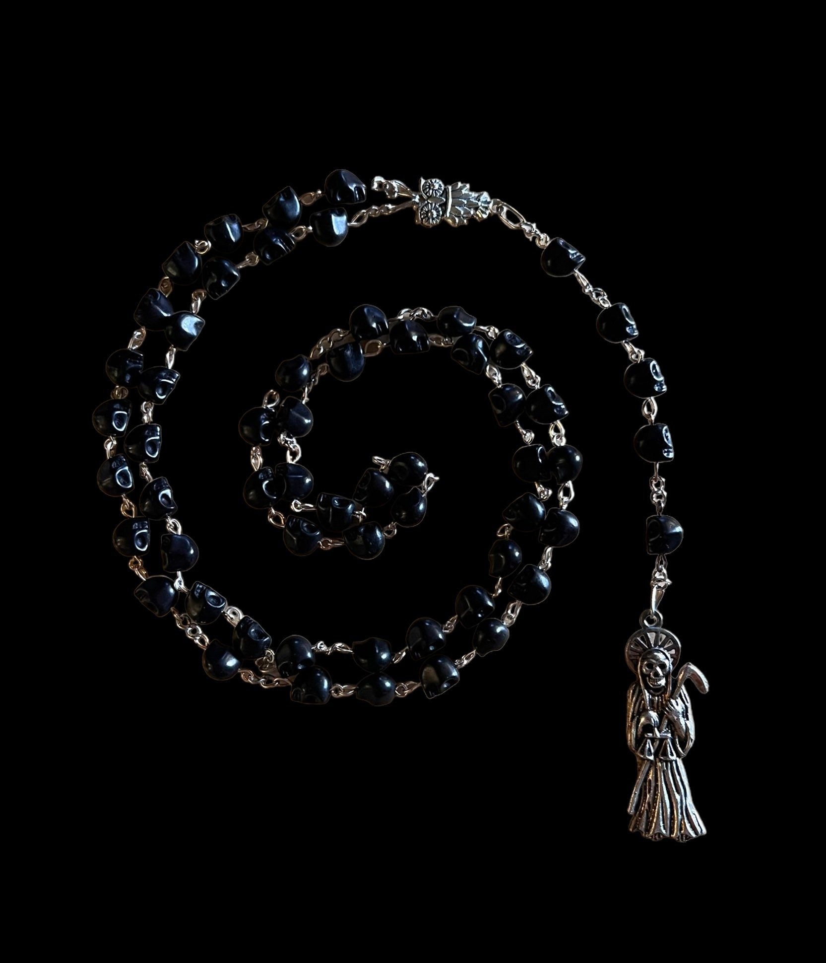 Santa Muerte Negra Rosary + Protection + Reversing + Witchcraft + Blessed + Sterling Silver Plated Chain + Handcrafted + Rosario