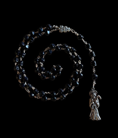 Santa Muerte Negra Rosary + Protection + Reversing + Witchcraft + Blessed + Sterling Silver Plated Chain + Handcrafted + Rosario