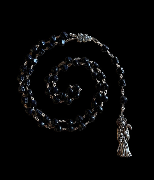 Santa Muerte Negra Rosary + Protection + Reversing + Witchcraft + Blessed + Sterling Silver Plated Chain + Handcrafted + Rosario