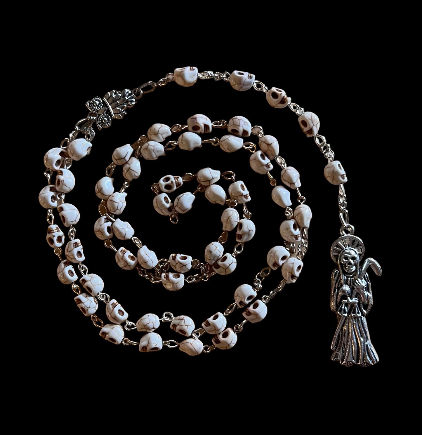 Santa Muerte Blanca Rosary + Blessed + Sterling Silver Plated Chain + Handcrafted + Rosario