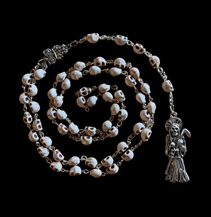 Santa Muerte Blanca Rosary + Blessed + Sterling Silver Plated Chain + Handcrafted + Rosario