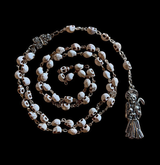 Santa Muerte Blanca Rosary + Blessed + Sterling Silver Plated Chain + Handcrafted + Rosario