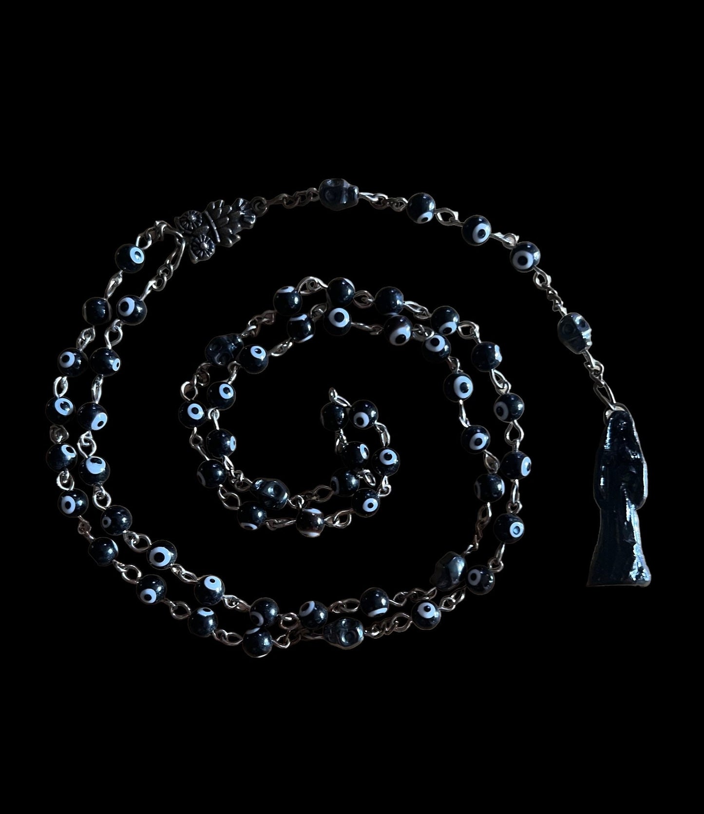 Santa Muerte Negra Evil Eye Rosary + Sterling Silver Plated Chain + Handcrafted + Rosario