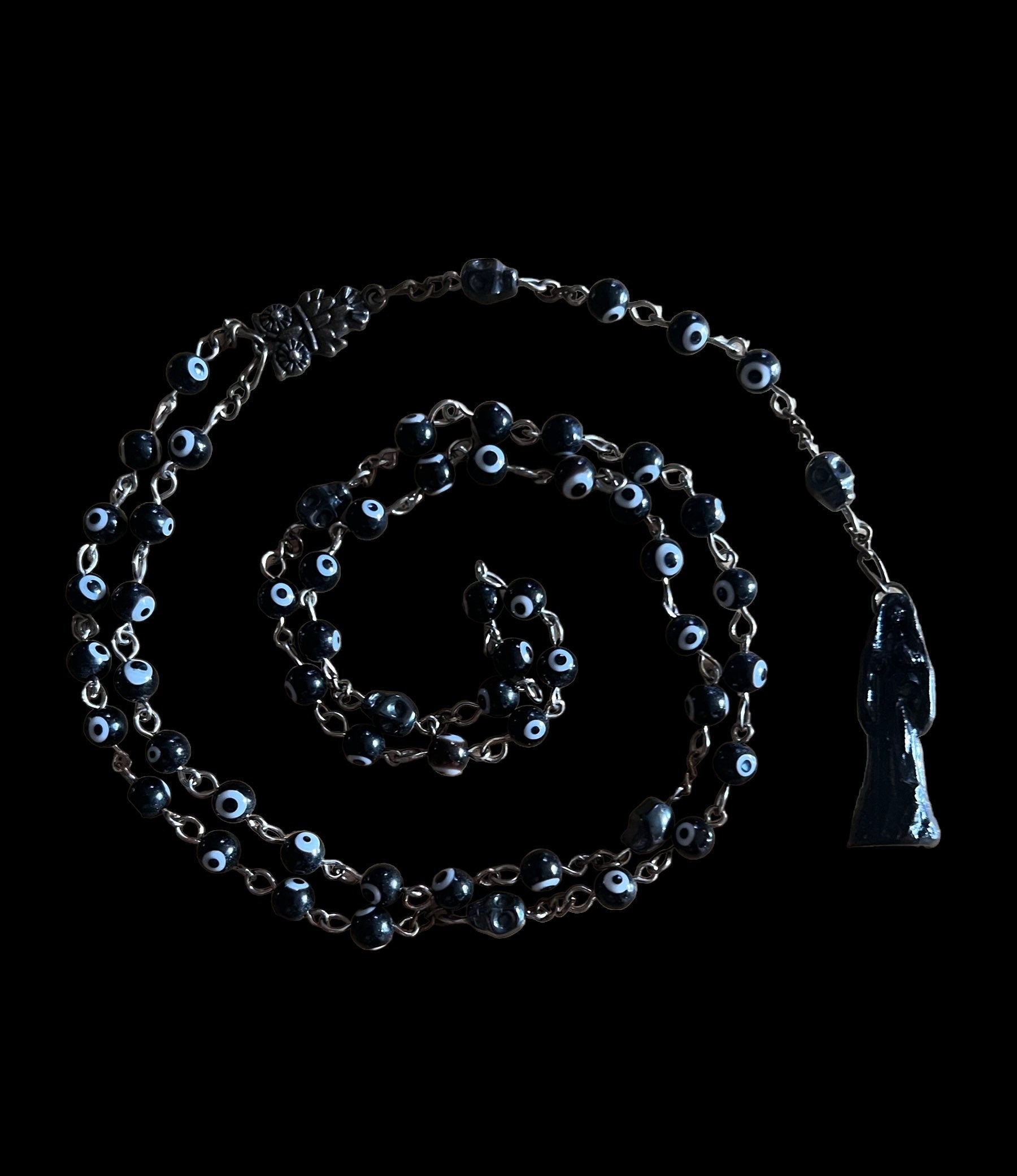 Santa Muerte Negra Evil Eye Rosary + Sterling Silver Plated Chain + Handcrafted + Rosario