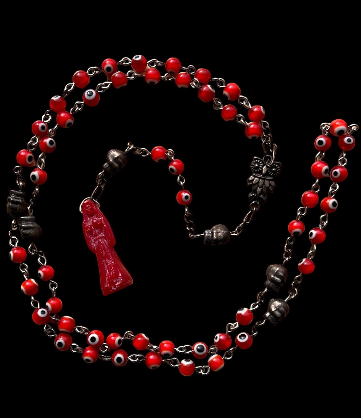 Santa Muerte Roja Evil Eye Rosary + Love + Money + Luck + Domination + Blesssed + Sterling Silver Plated Chain + Handcrafted + Rosario