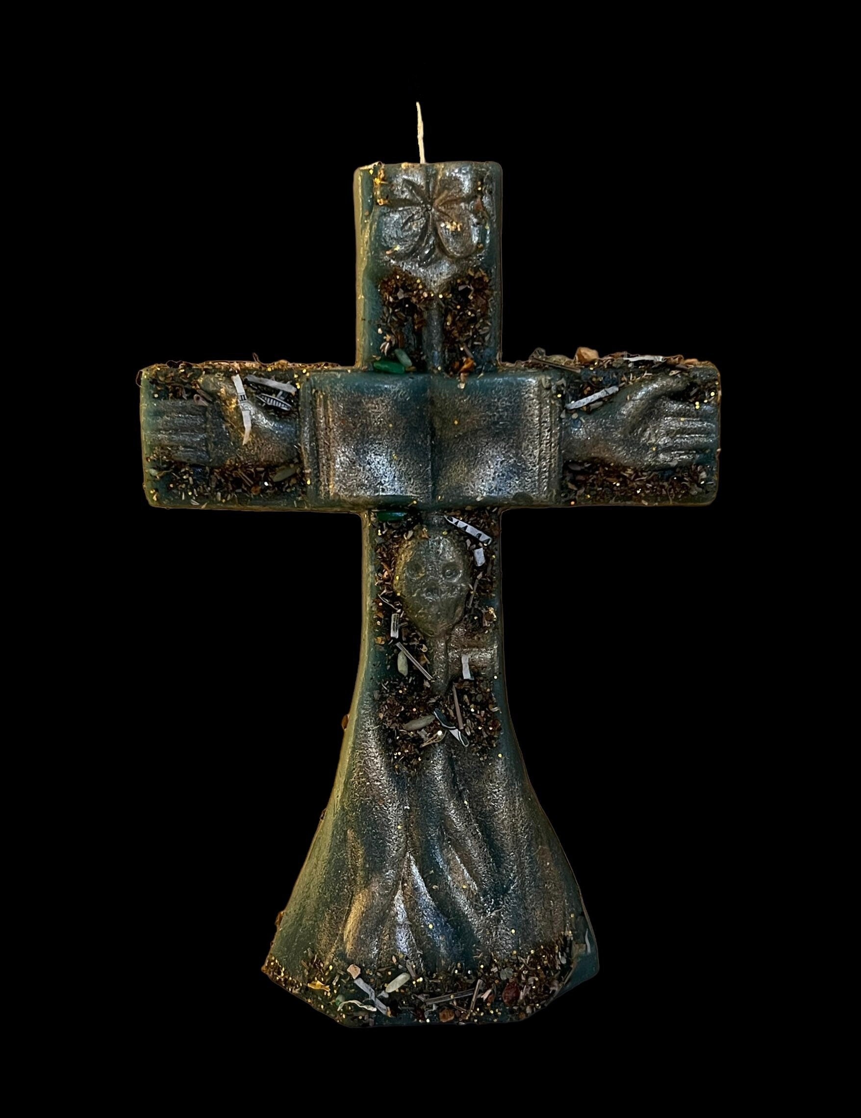 Fixed Crucifix Candle + Cross + Hoodoo + Conjure + 24K Gold + Sterling Silver + Herbs + Oils + Roots + Divine Assistance