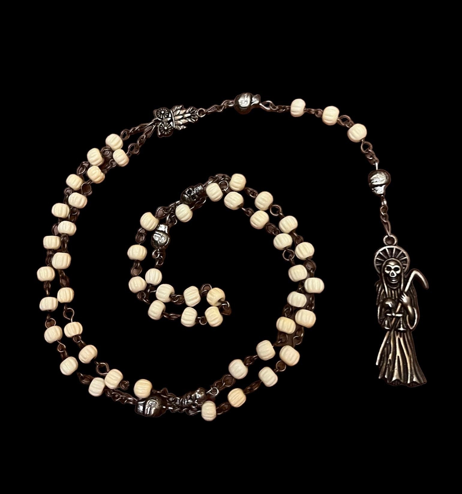 Santa Muerte Bone Bead Rosary + Hueso + Blessed + Sterling Silver Plated Chain + Handcrafted + Rosario
