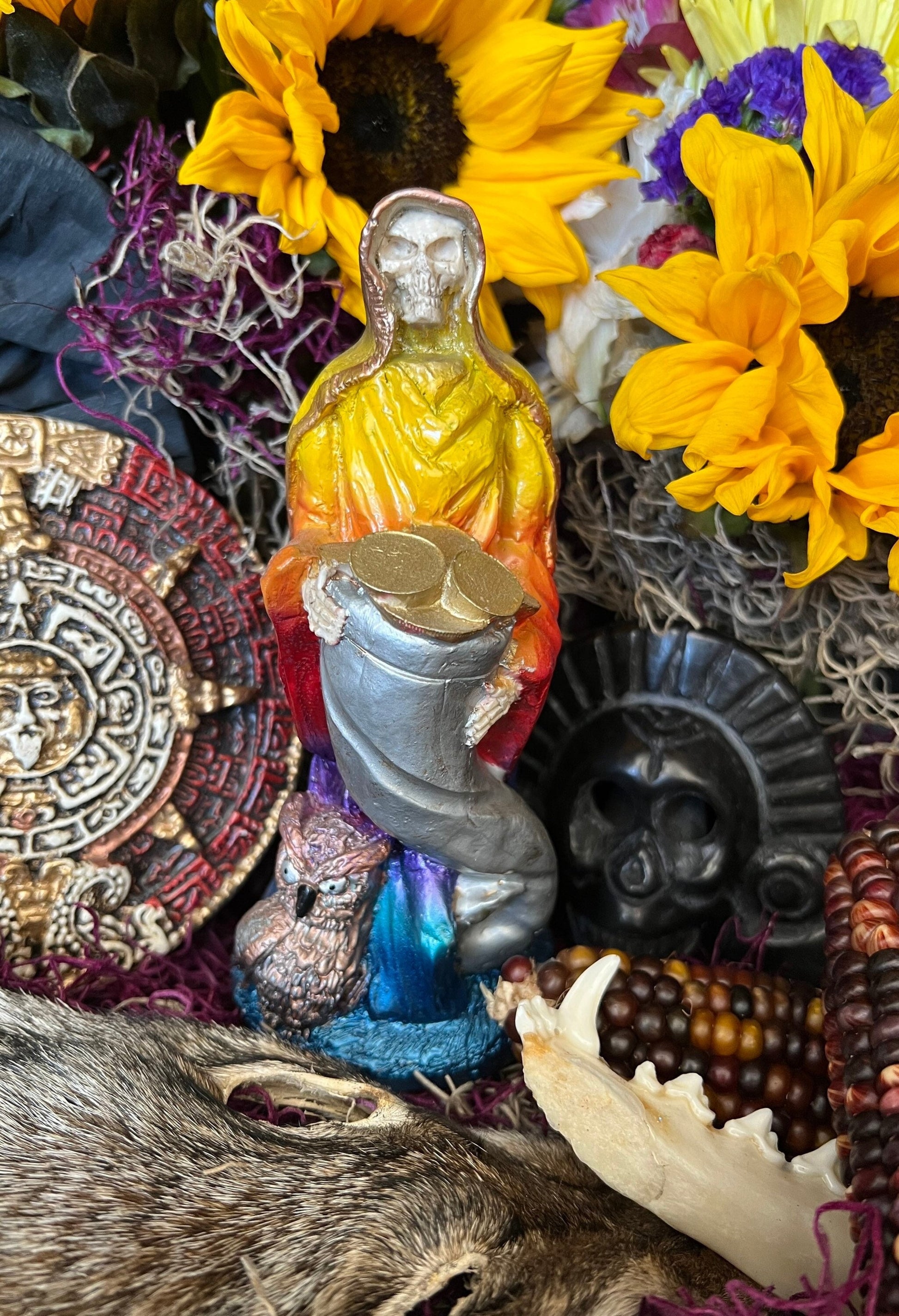 Santa Muerte Siete Colores Abundance Statue + Baptized + Fixed + Made in Mexico