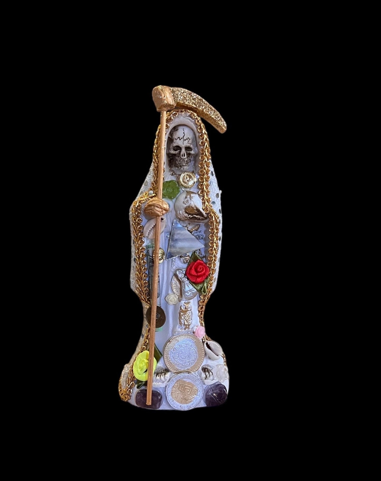 Santa Muerte Blanca Statue + Green + 24K Gold + Baptized + Fixed + Made in Mexico