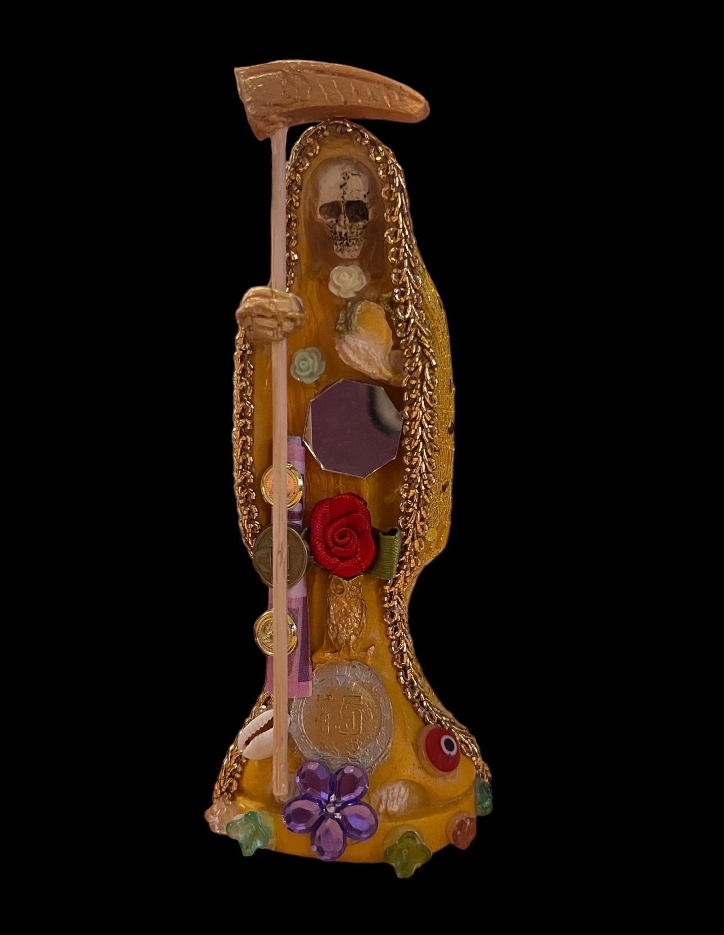 Santa Muerte Amarilla Statue + Yellow + 7” + Fixed and Baptized on Feast Day + 24K Gold