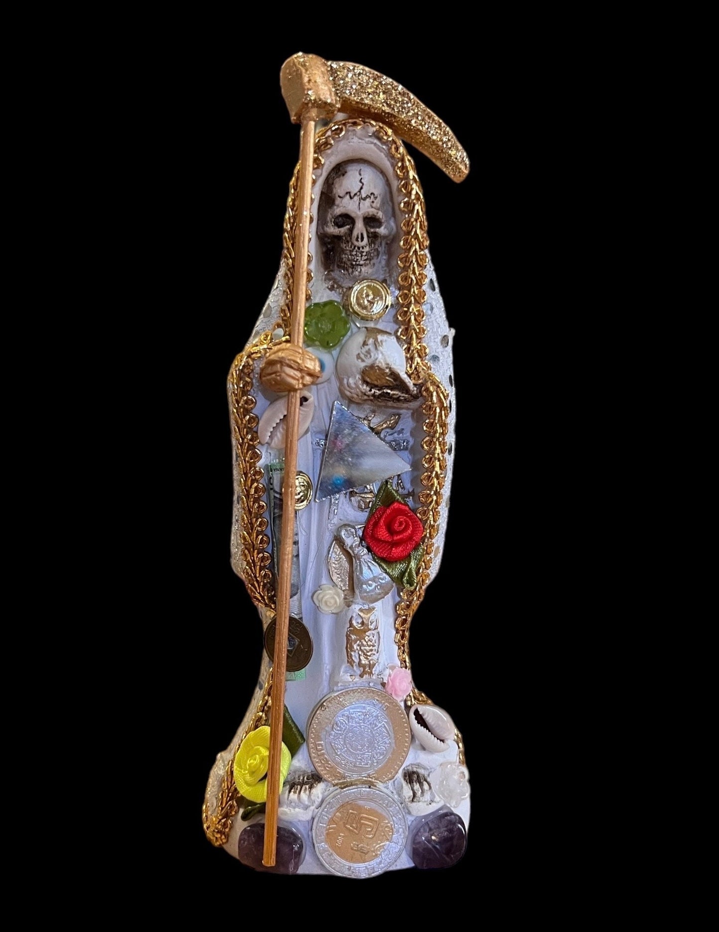 Santa Muerte Blanca Statue + Green + 24K Gold + Baptized + Fixed + Made in Mexico
