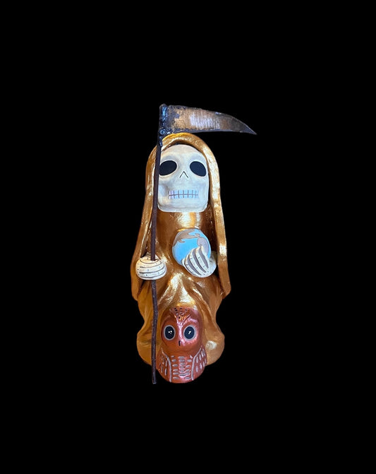 Santa Muerte Dorada Statue + Mictecacihuatl + Mictlantecihuatl + Traditionally Handcrafted from Mexican Clay + 1 of a Kind + Made in Mexico