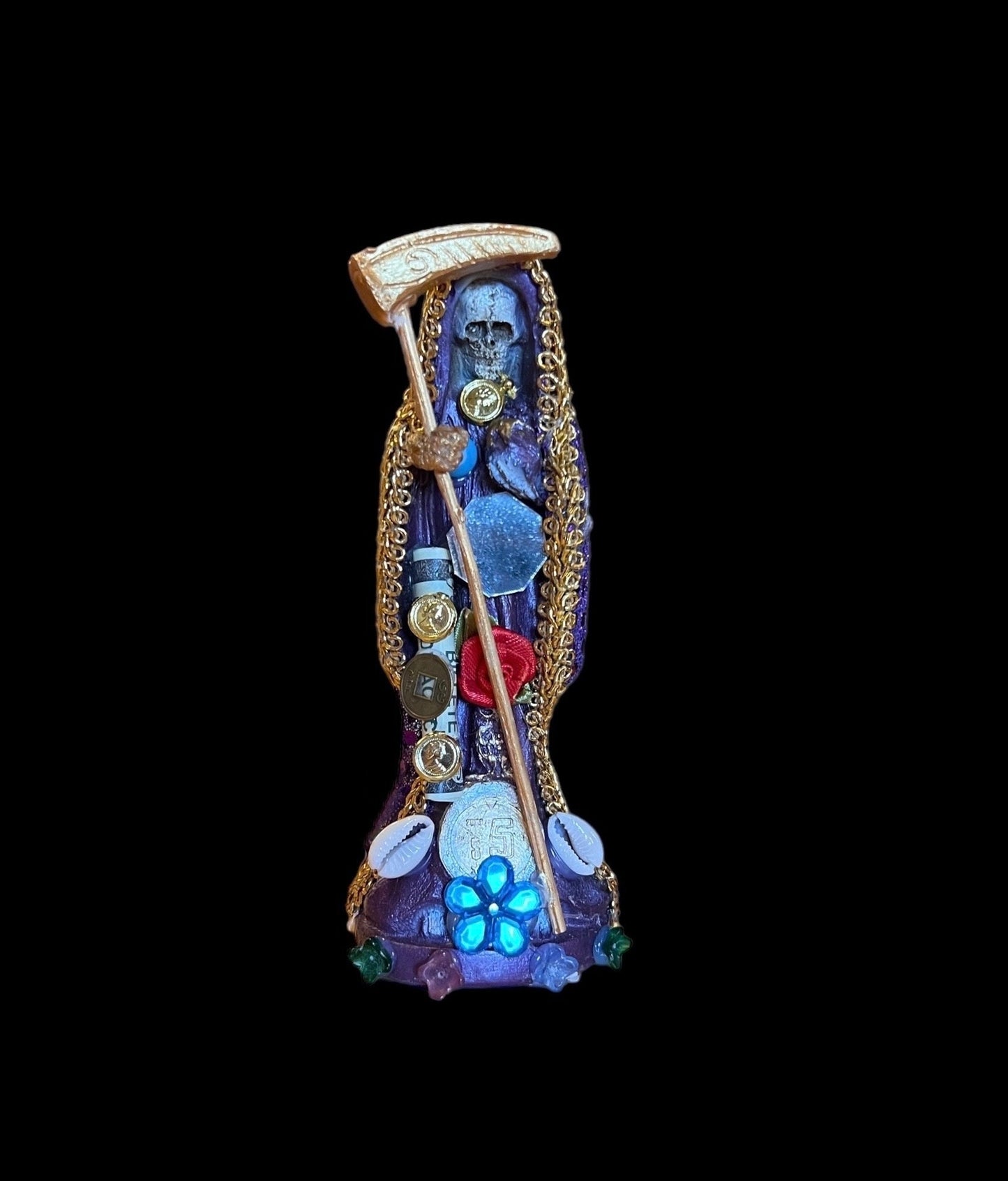 Santa Muerte Morada Statue + 7” + Purple + Fixed and Baptized on Feast Day on Feast Day + 24K Gold