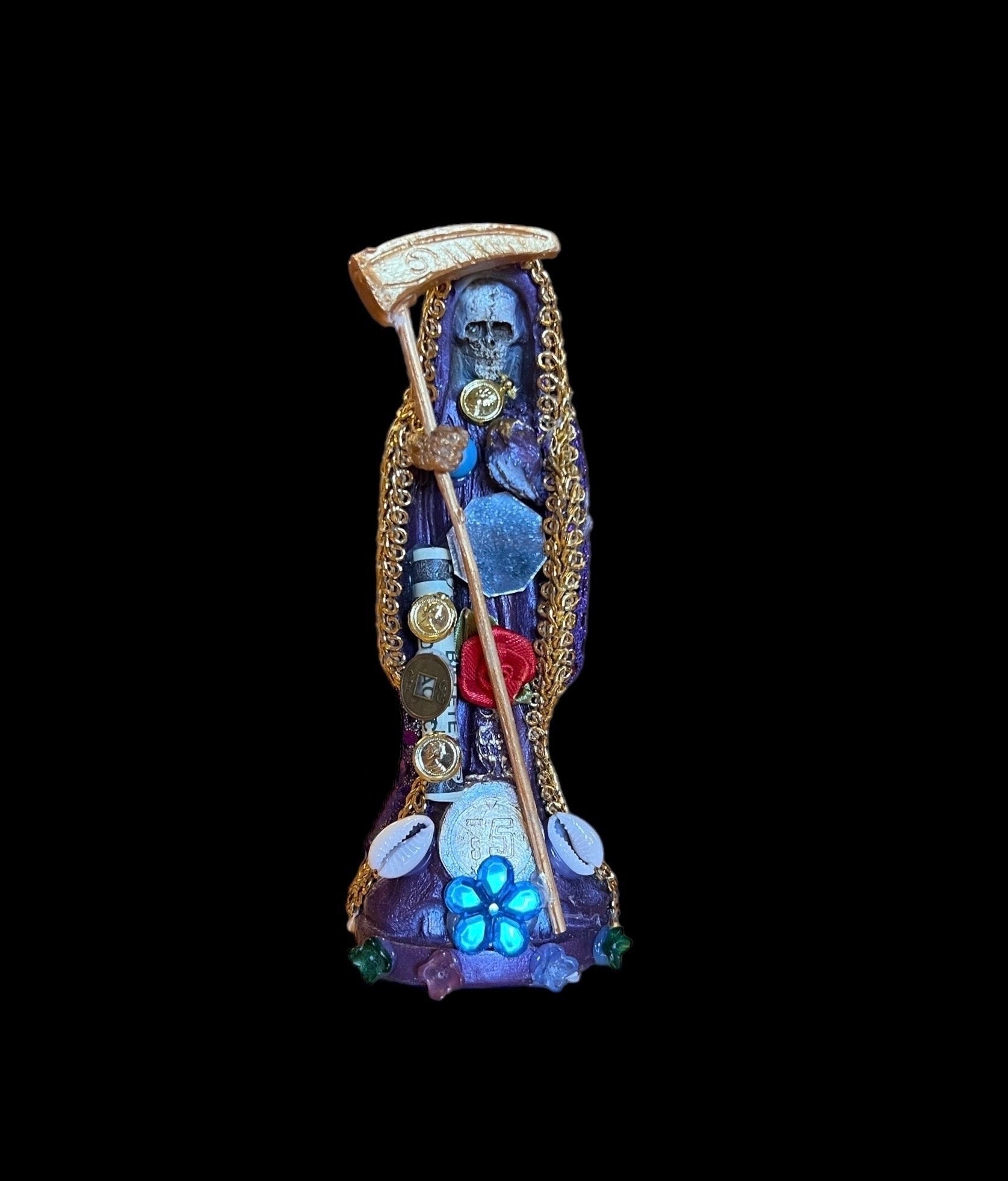 Santa Muerte Morada Statue + 7” + Purple + Fixed and Baptized on Feast Day on Feast Day + 24K Gold