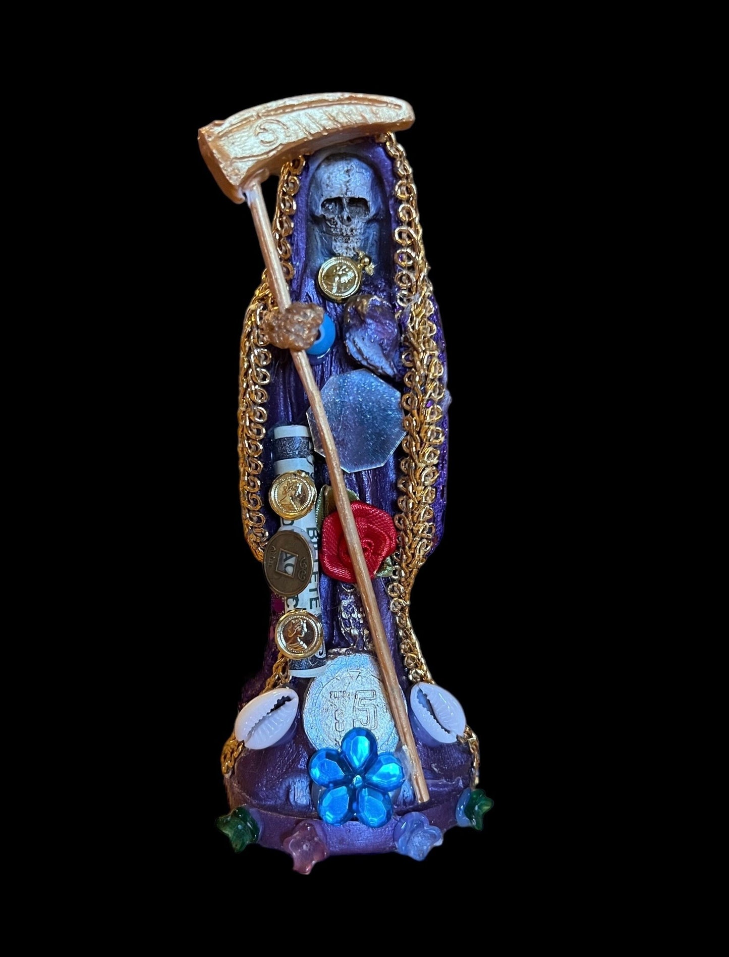 Santa Muerte Morada Statue + 7” + Purple + Fixed and Baptized on Feast Day on Feast Day + 24K Gold