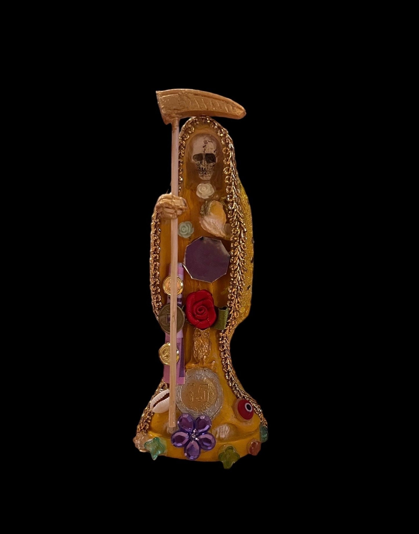 Santa Muerte Amarilla Statue + Yellow + 7” + Fixed and Baptized on Feast Day + 24K Gold