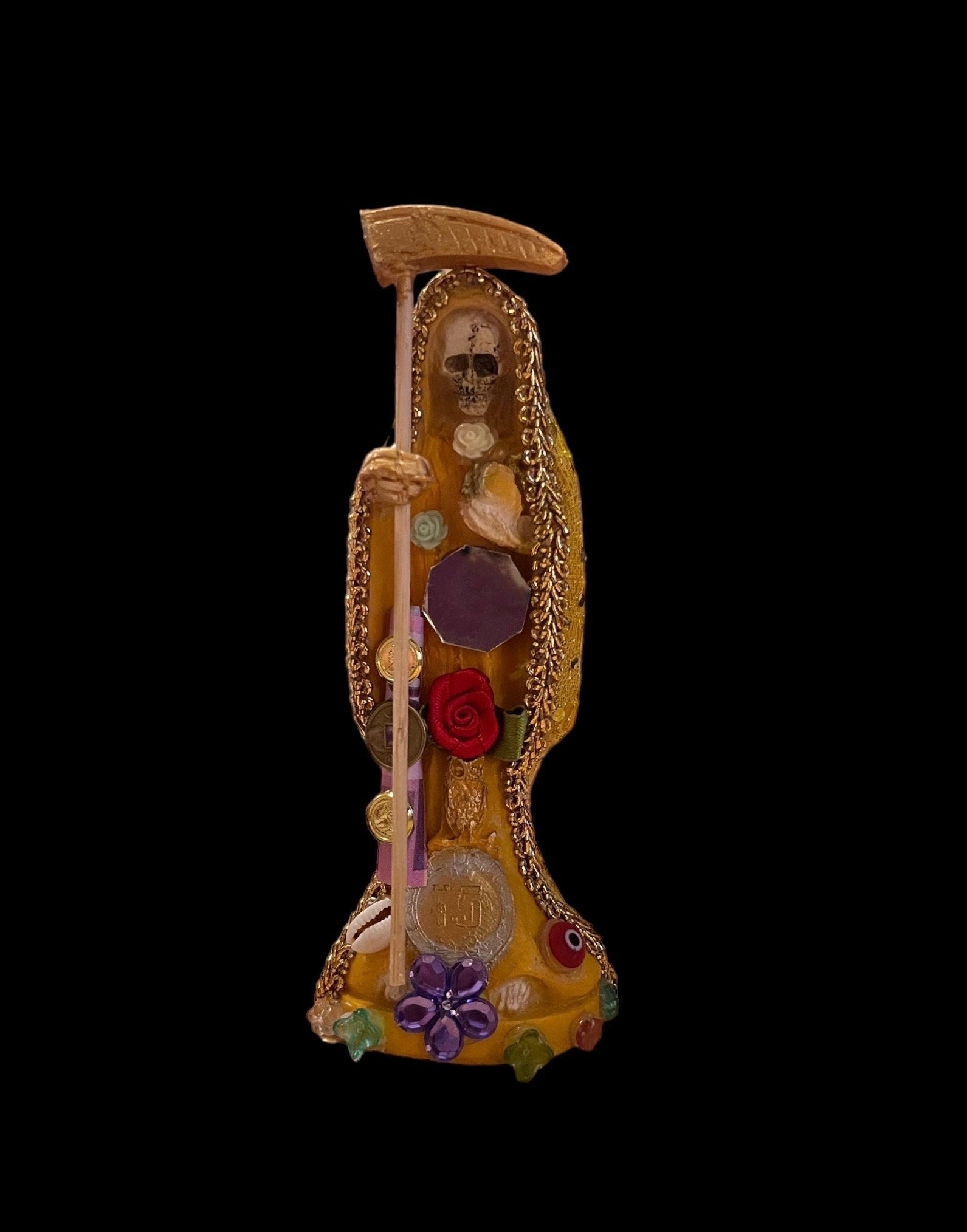 Santa Muerte Amarilla Statue + Yellow + 7” + Fixed and Baptized on Feast Day + 24K Gold