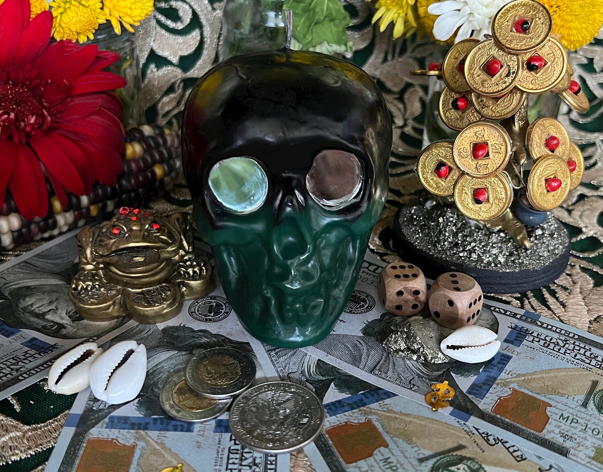 Two-tone Skull Candle with Mirror Eyes + Reversing + Uncrossing + Revealing + Mirror Work + Baron del Cemeterio