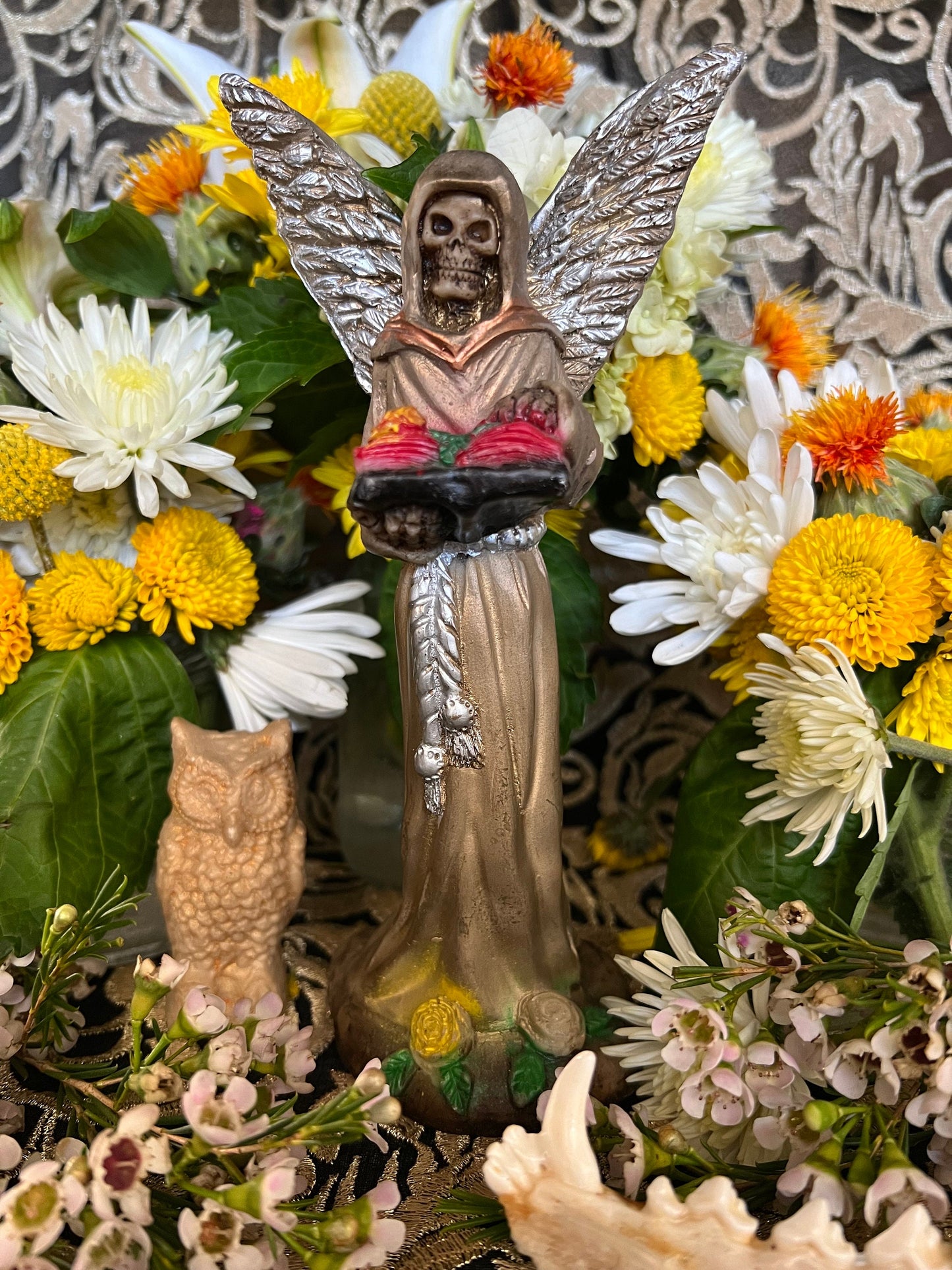 Santa Muerte Dorada + Gold + with Silver Wings Statue + Baptized + Fixed + Made in Mexico