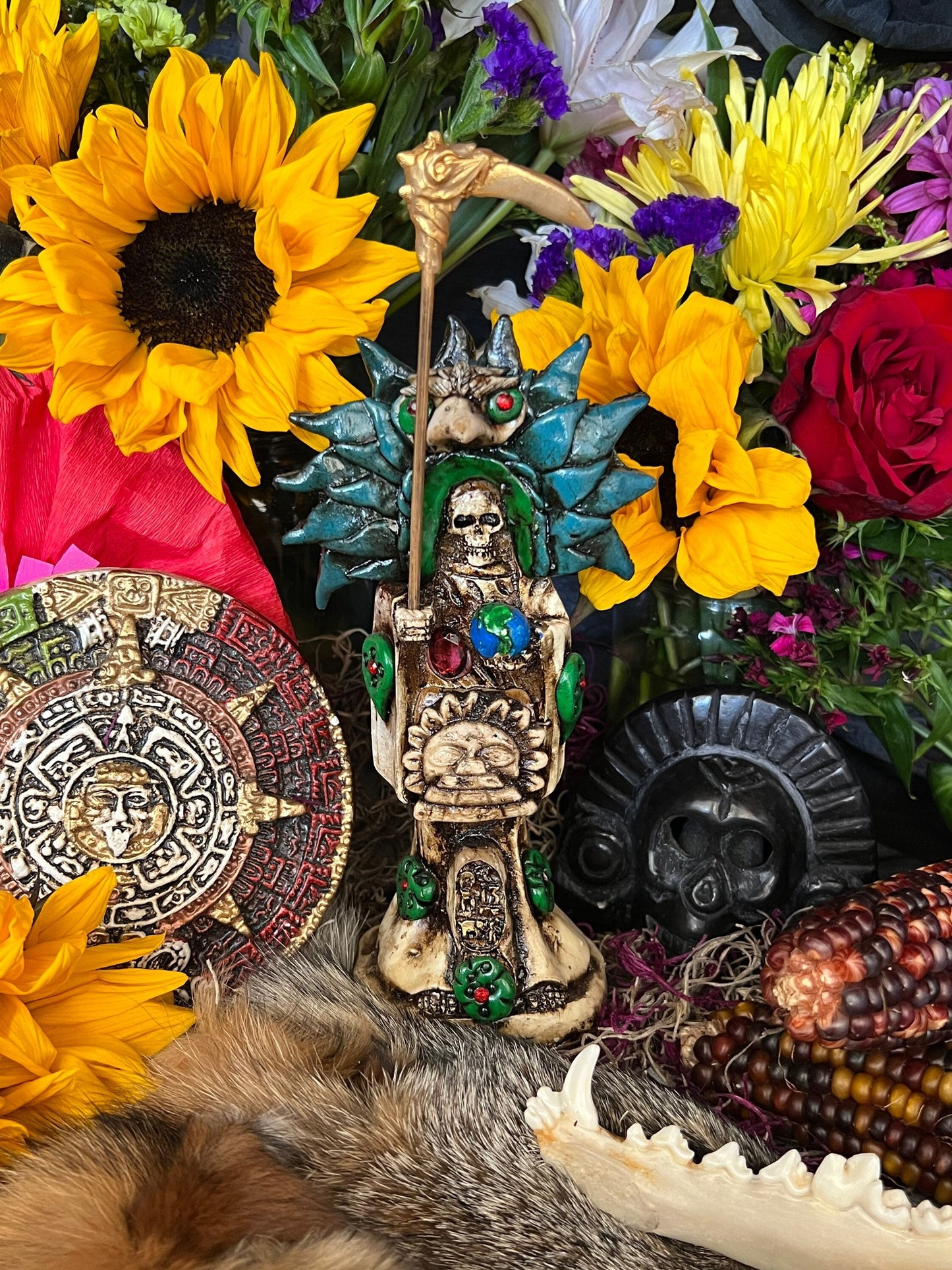 Santa Muerte Azteca Statue + 24K Gold + Baptized + Fixed + Made in Mexico