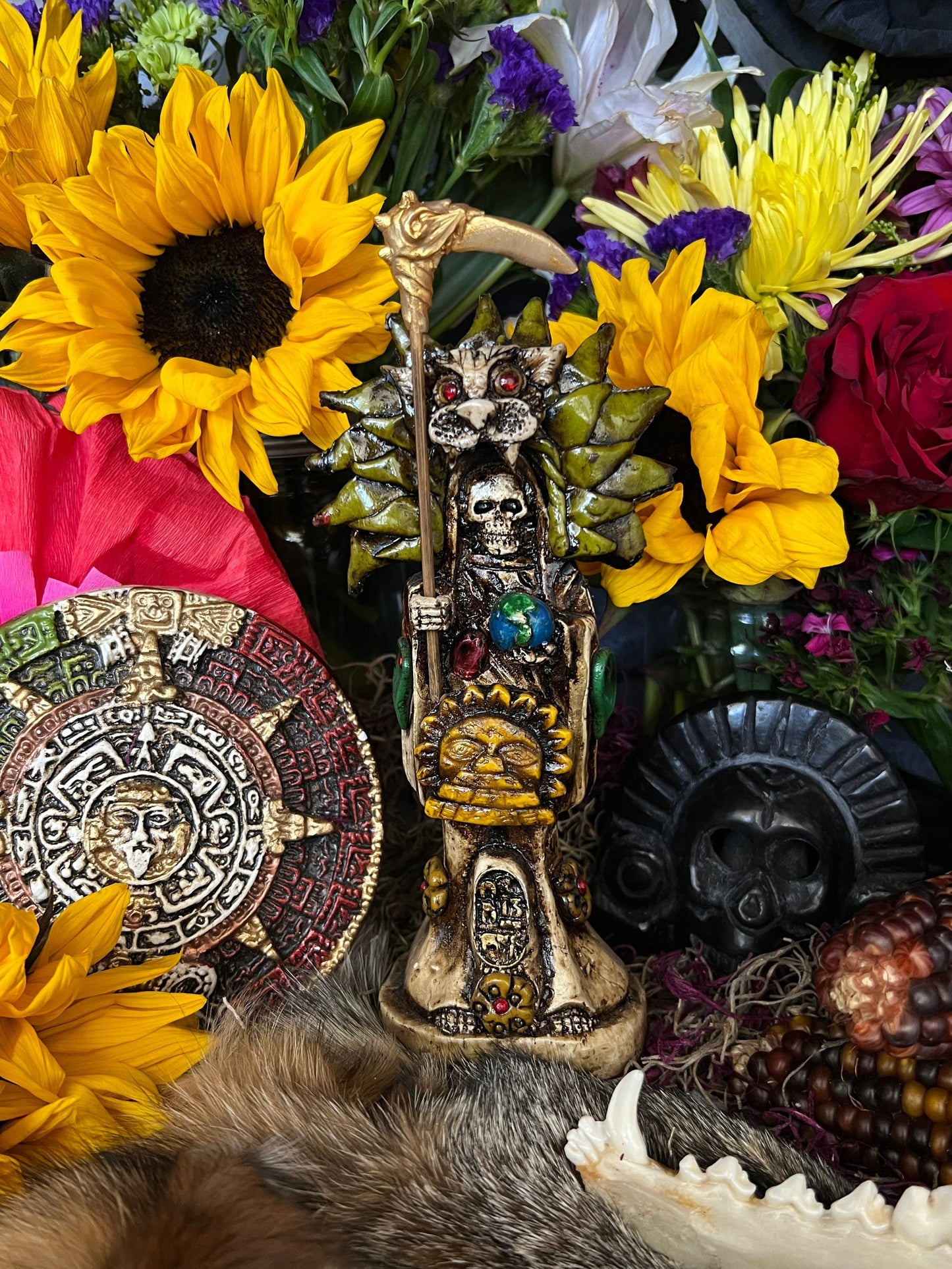 Santa Muerte Azteca Statue + 24K Gold + Baptized + Fixed + Made in Mexico