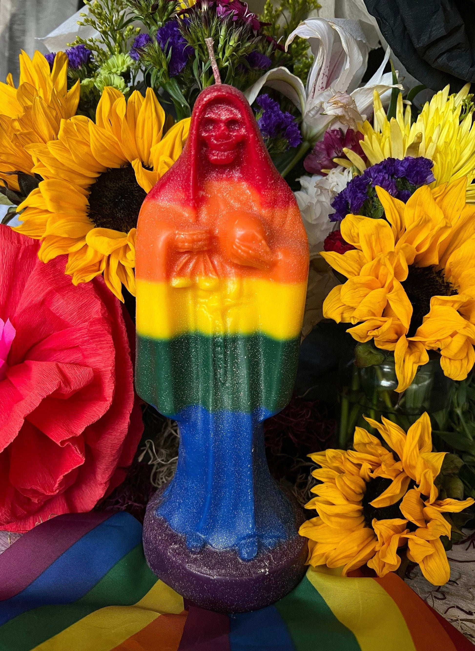Santa Muerte Rainbow Candle + LGBTQI Pride + Gay + Road Opener + Blessed + 24K Gold