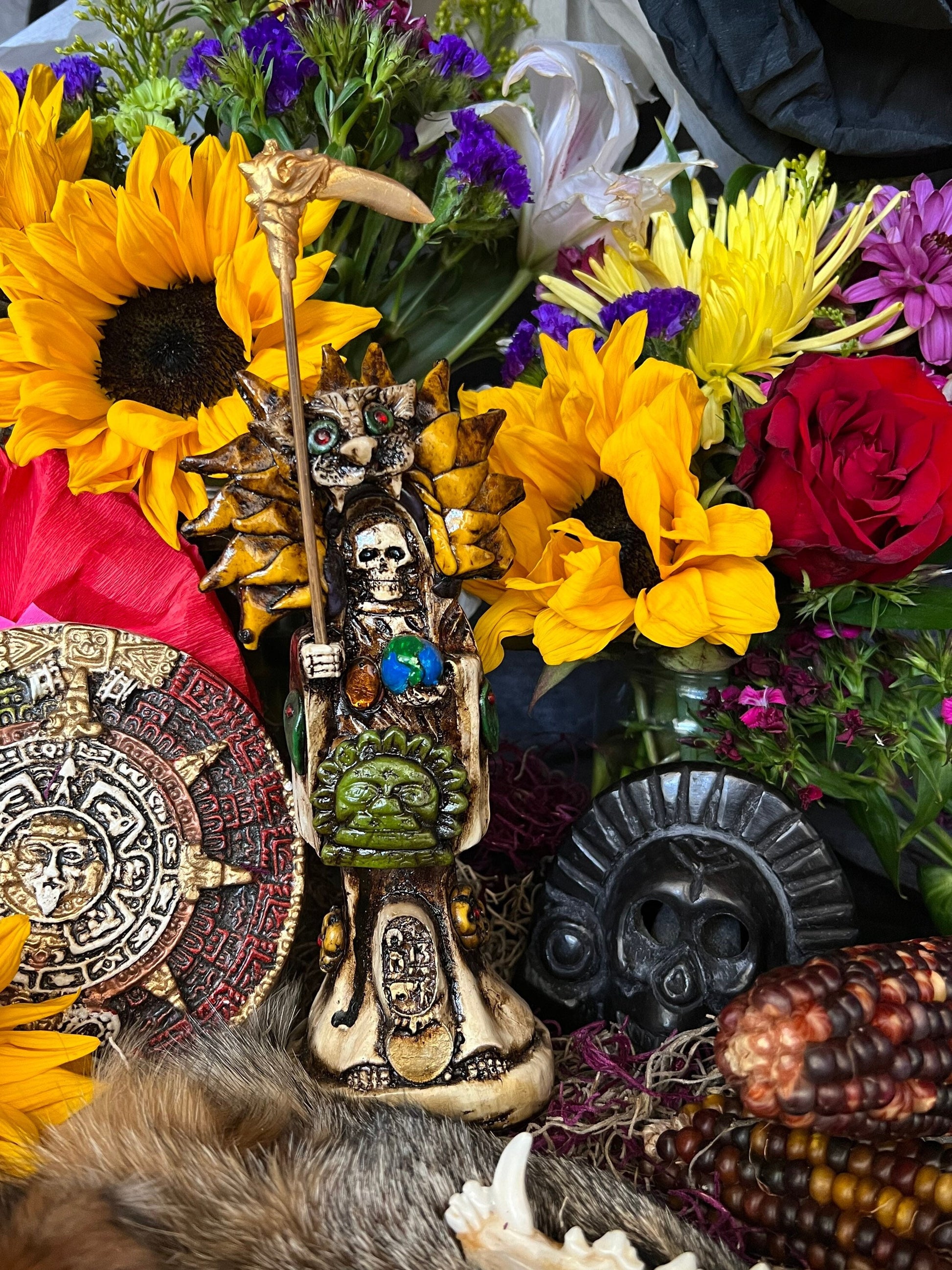 Santa Muerte Azteca Statue + 24K Gold + Baptized + Fixed + Made in Mexico