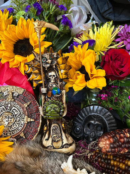 Santa Muerte Azteca Statue + 24K Gold + Baptized + Fixed + Made in Mexico