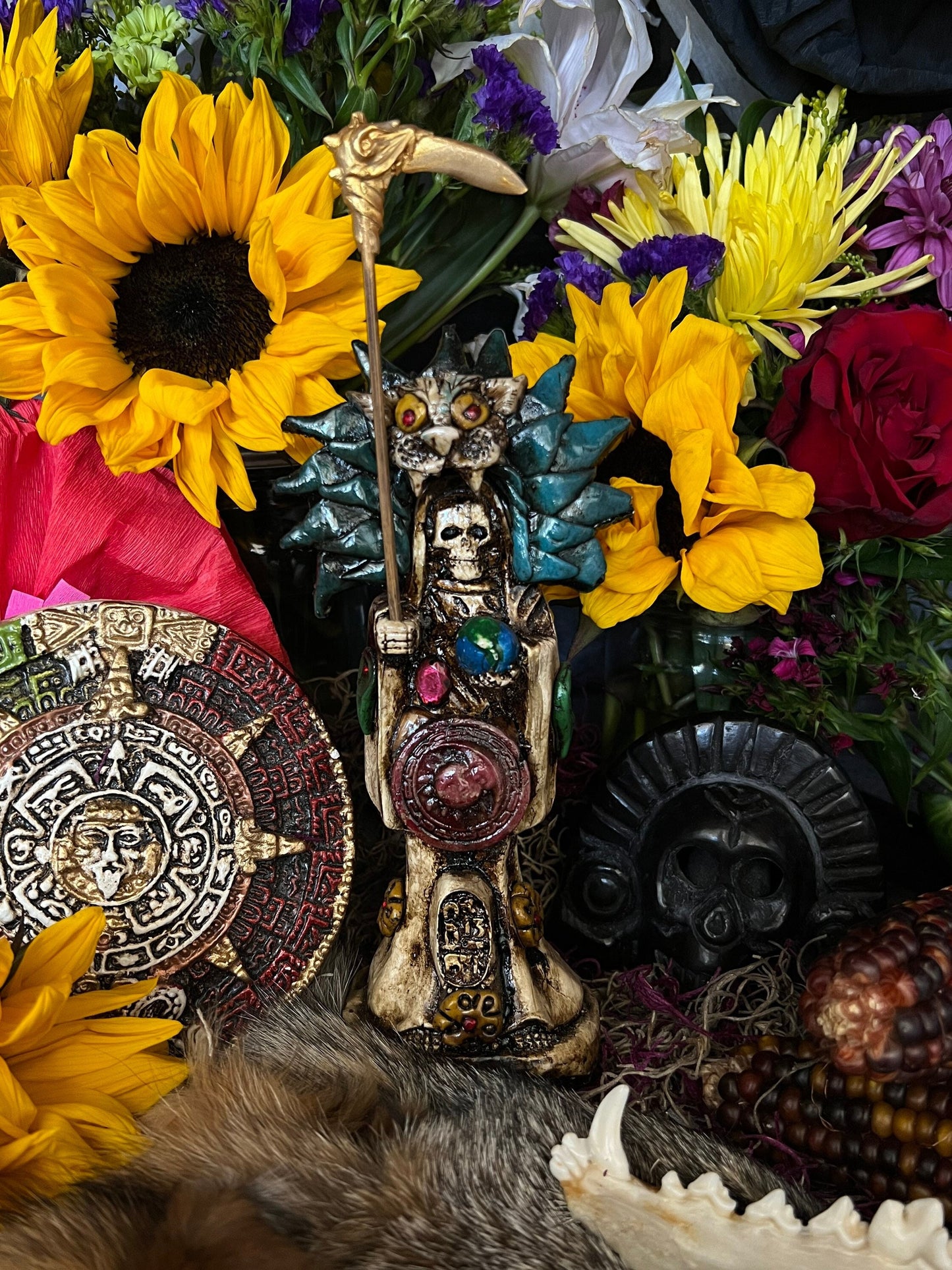 Santa Muerte Azteca Statue + 24K Gold + Baptized + Fixed + Made in Mexico