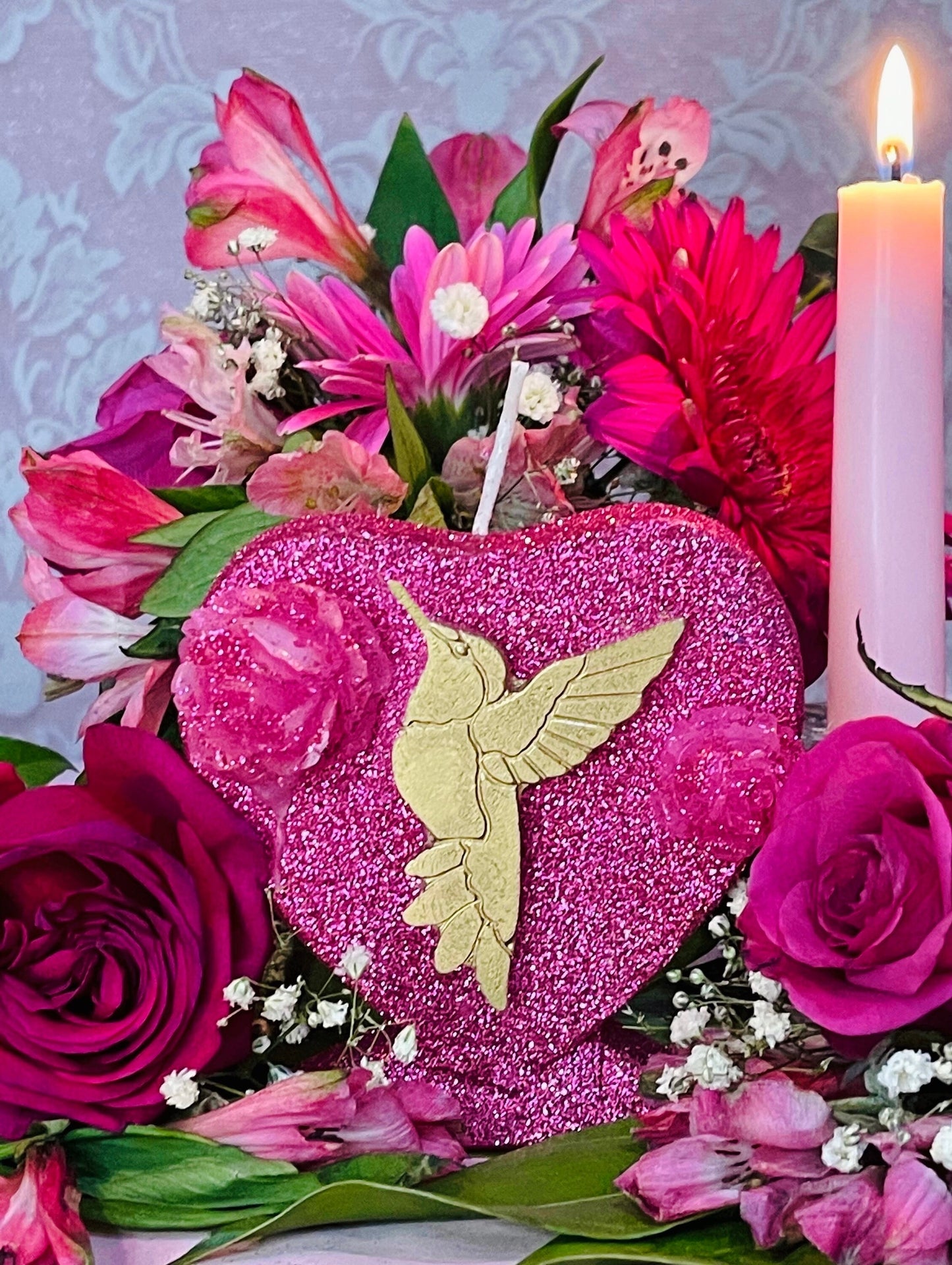 Chuparrosa Heart Candle + Blessed + Fixed + 24K Gold Leaf + Love + Friendship + Abundance + Luck + Chuparosa + Colibrí