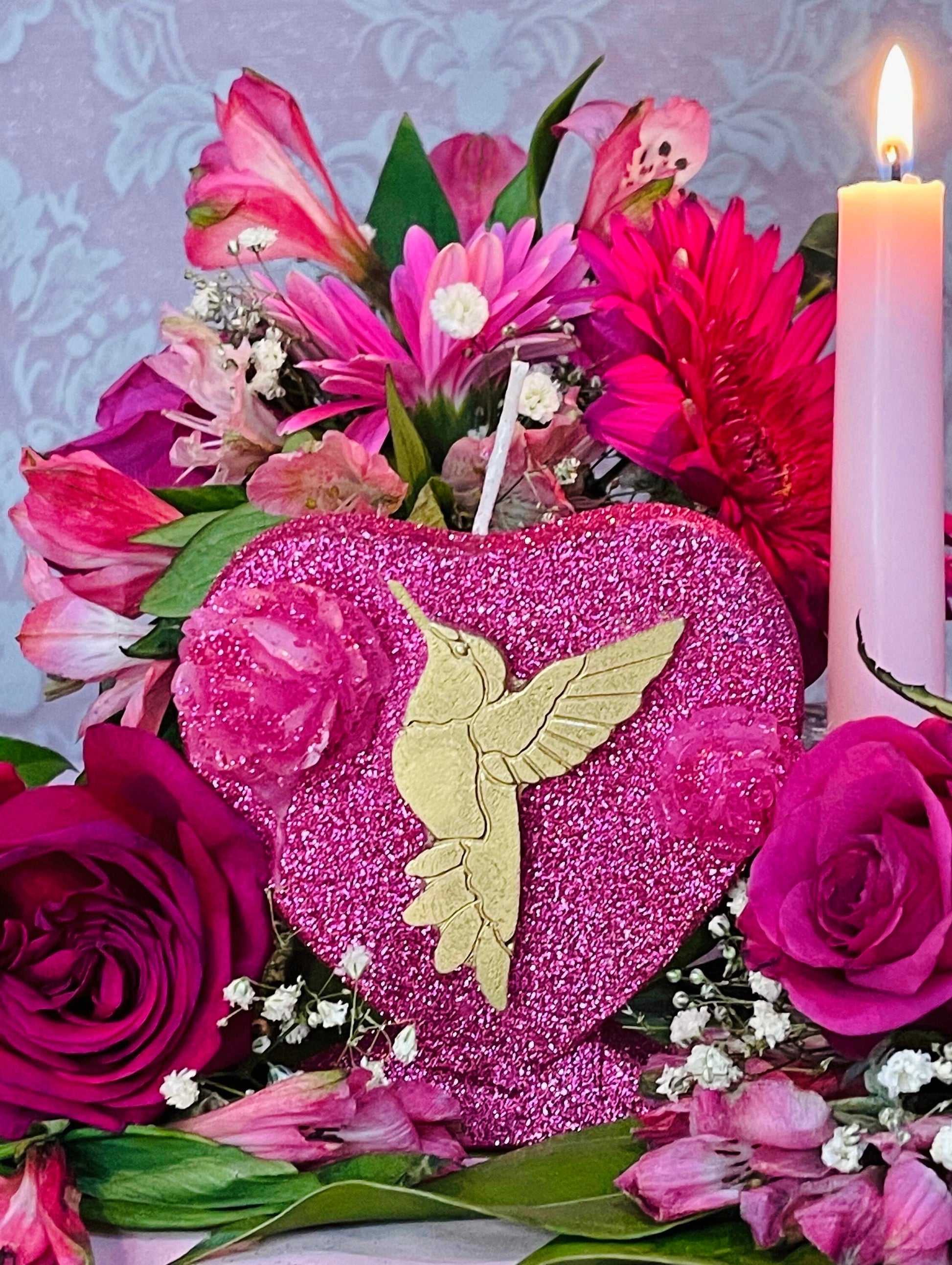 Chuparrosa Heart Candle + Blessed + Fixed + 24K Gold Leaf + Love + Friendship + Abundance + Luck + Chuparosa + Colibrí