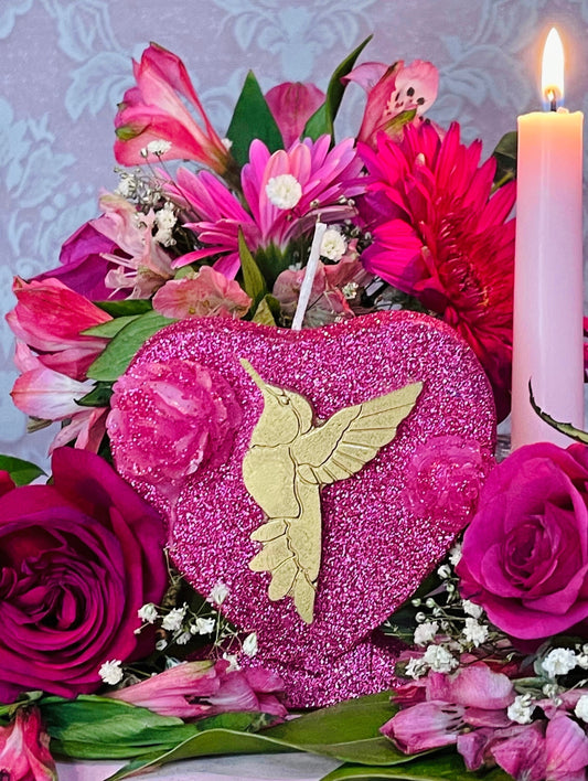 Chuparrosa Heart Candle + Blessed + Fixed + 24K Gold Leaf + Love + Friendship + Abundance + Luck + Chuparosa + Colibrí