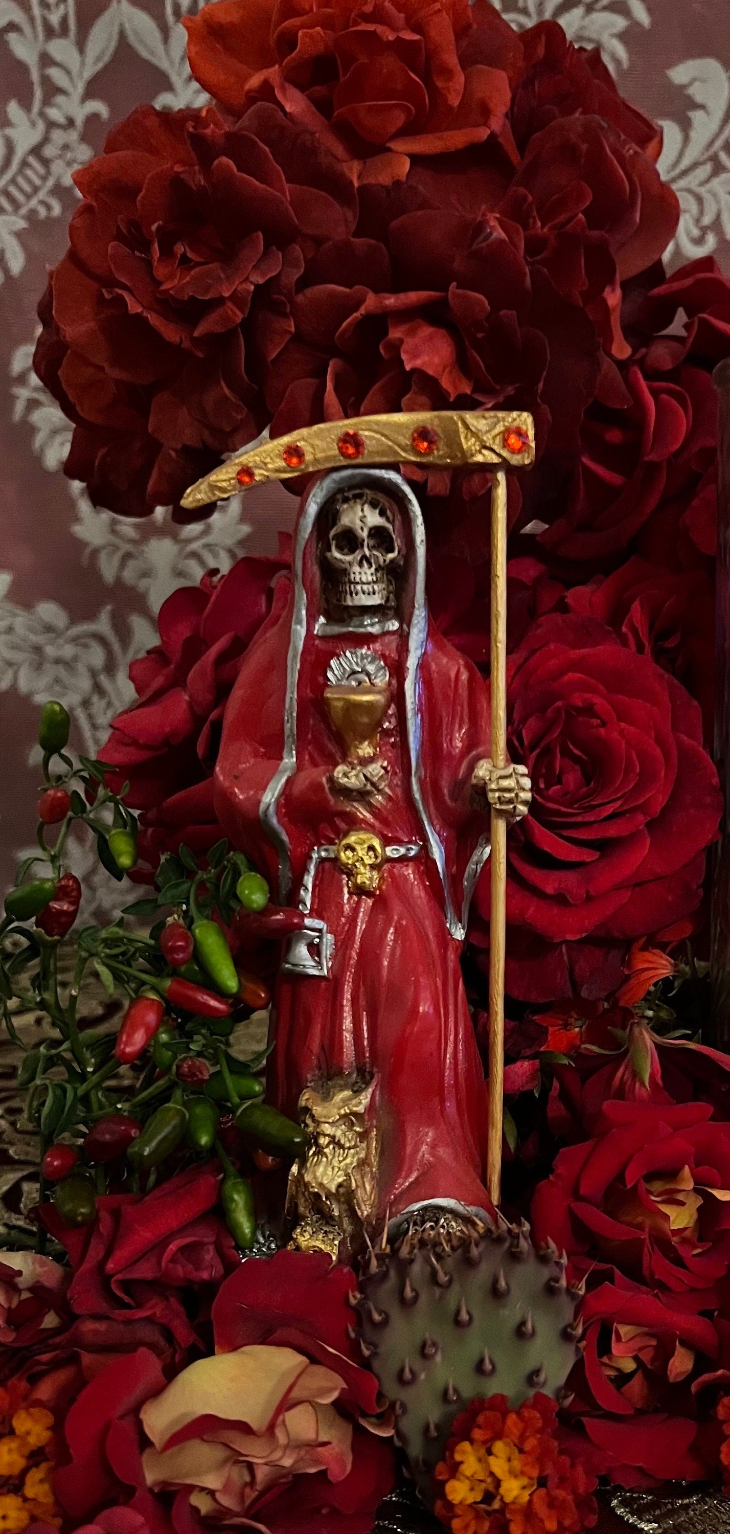 Santa Muerte Roja Statue + 24K Gold + Chalice + Baptized + Sterling Silver + Fixed + Made in Mexico