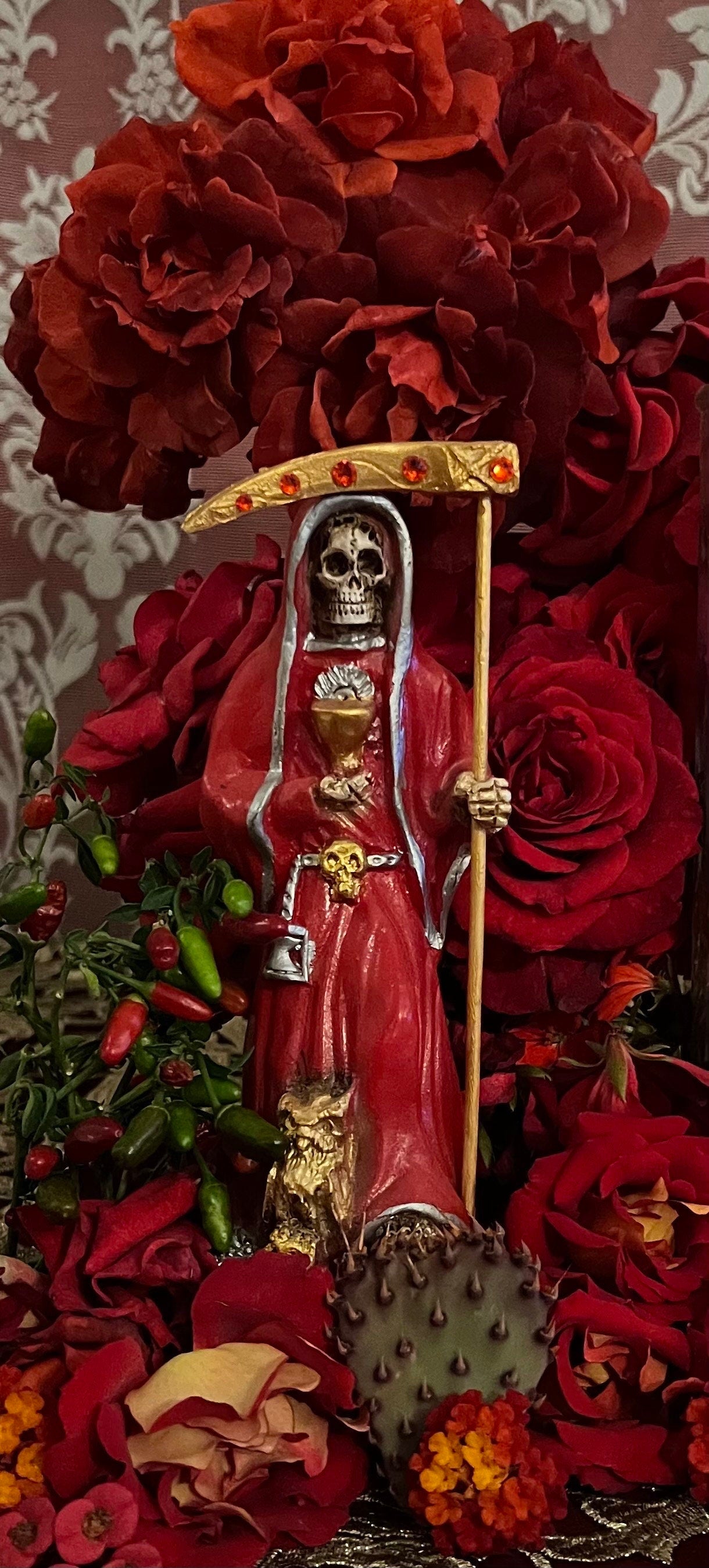Santa Muerte Roja Statue + 24K Gold + Chalice + Baptized + Sterling Silver + Fixed + Made in Mexico