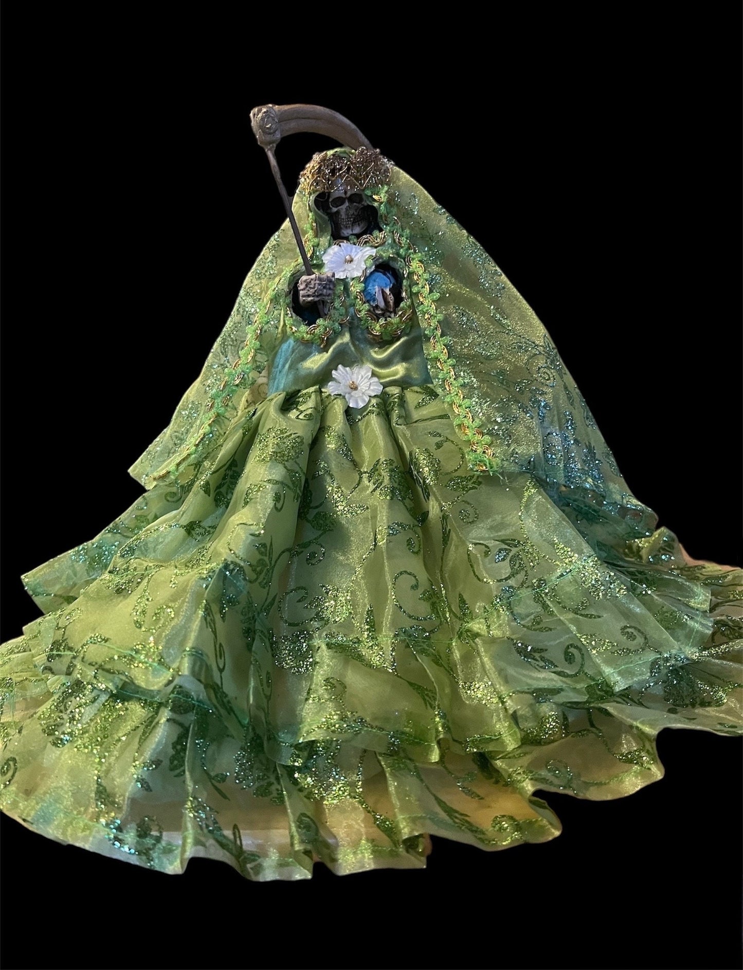 12” Santa Muerte Verde Statue with Dress + Green + Money + Legal Issues + Justice + Baptized + Fixed + Made in Mexico + 24K Gold Leaf