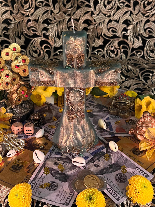 Fixed Crucifix Candle + Cross + Hoodoo + Conjure + 24K Gold + Sterling Silver + Herbs + Oils + Roots + Divine Assistance