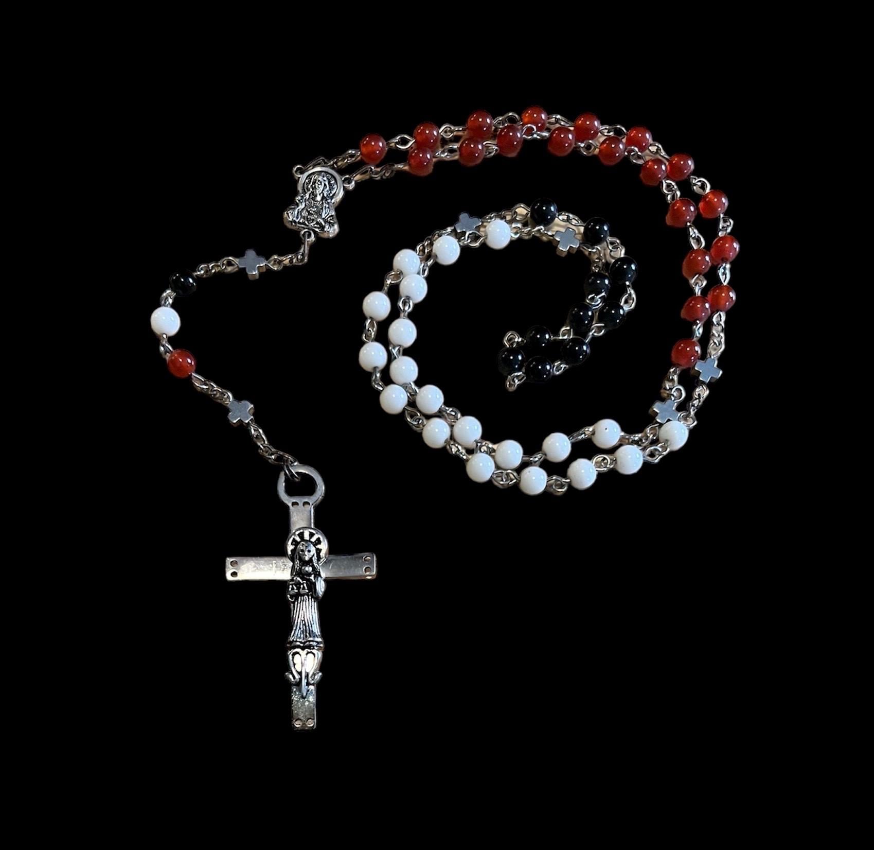 Santa Muerte Rosary with Tricolor Gemstone Beads & S Muerte Cross + Blessed + 3 Robes + Sterling Silver Plated Chain + Handcrafted + Rosario