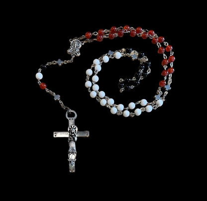 Santa Muerte Rosary with Tricolor Gemstone Beads & S Muerte Cross + Blessed + 3 Robes + Sterling Silver Plated Chain + Handcrafted + Rosario
