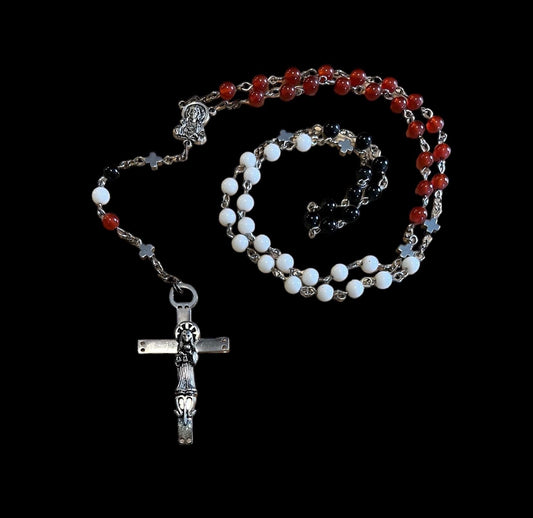 Santa Muerte Rosary with Tricolor Gemstone Beads & S Muerte Cross + Blessed + 3 Robes + Sterling Silver Plated Chain + Handcrafted + Rosario