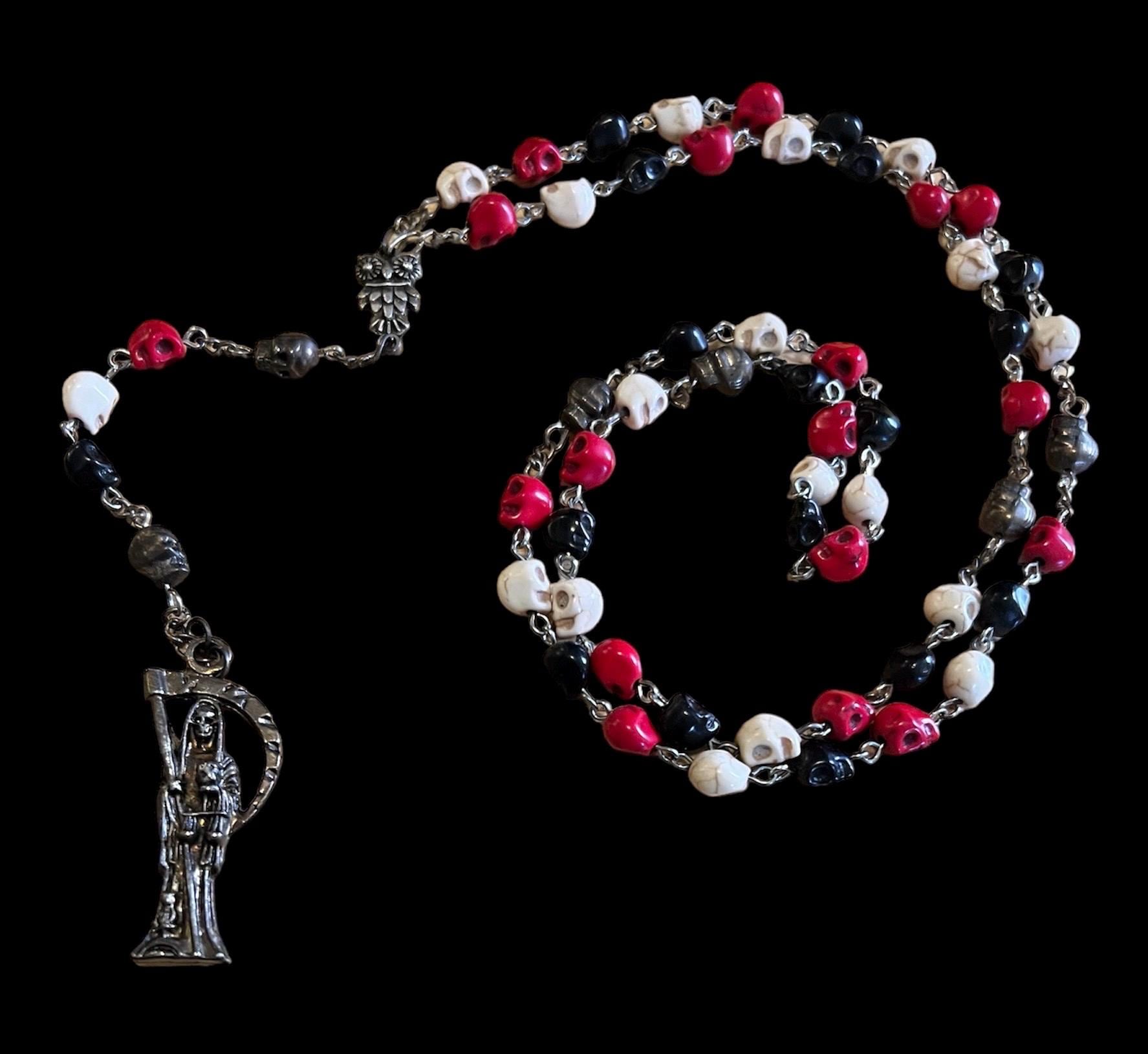 Santa Muerte Rosary + Traditional Colors + 3 Robes + All-Purpose + Blessed + Sterling Silver Plated Chain + Handcrafted + Tricolor