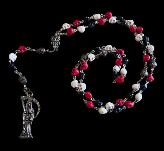 Santa Muerte Rosary + Traditional Colors + 3 Robes + All-Purpose + Blessed + Sterling Silver Plated Chain + Handcrafted + Tricolor