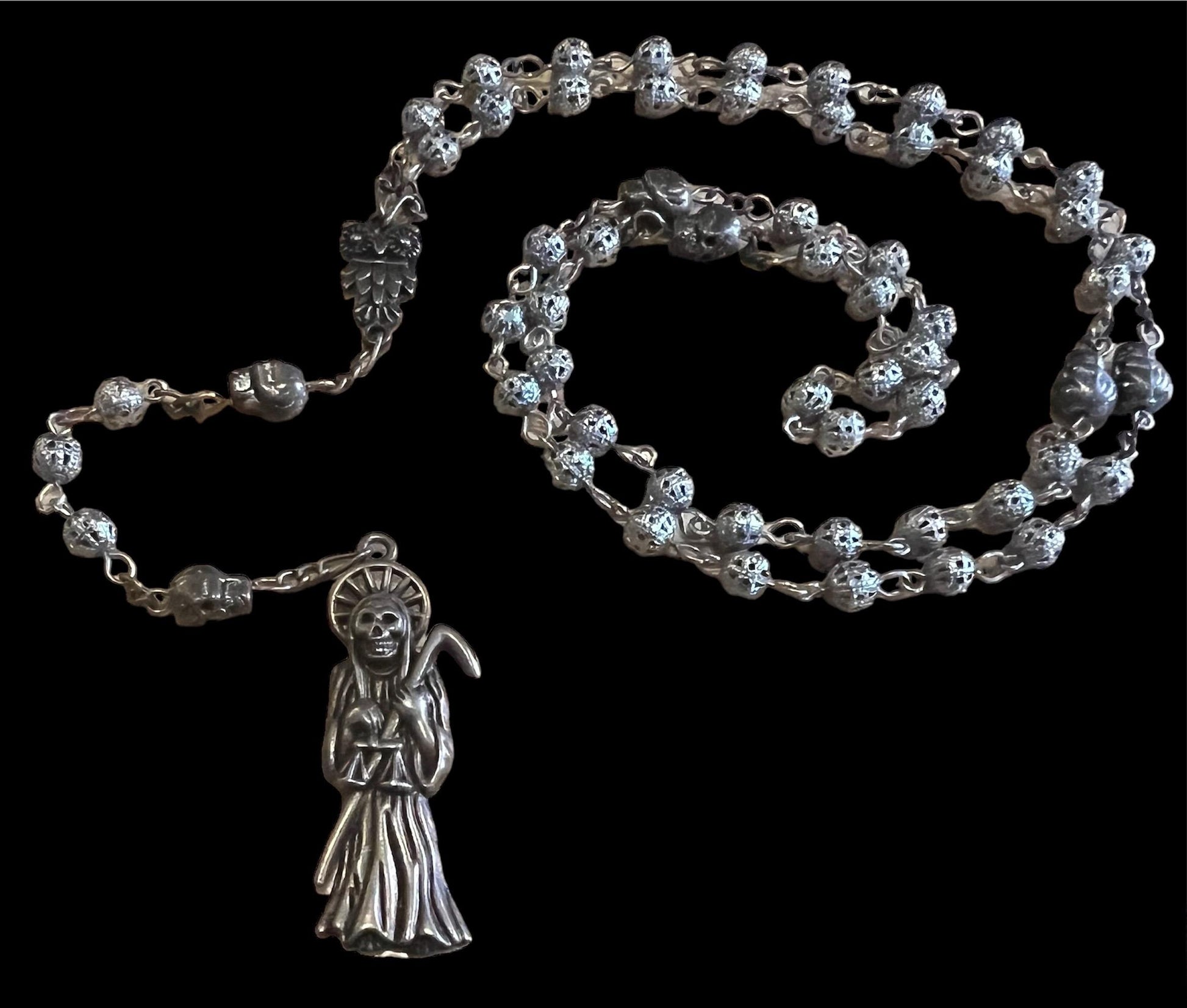 Santa Muerte Silver Rosary + Plata + Blessed + Money + Success + Luck + Sterling Silver Plated Chain + Handcrafted + Rosario
